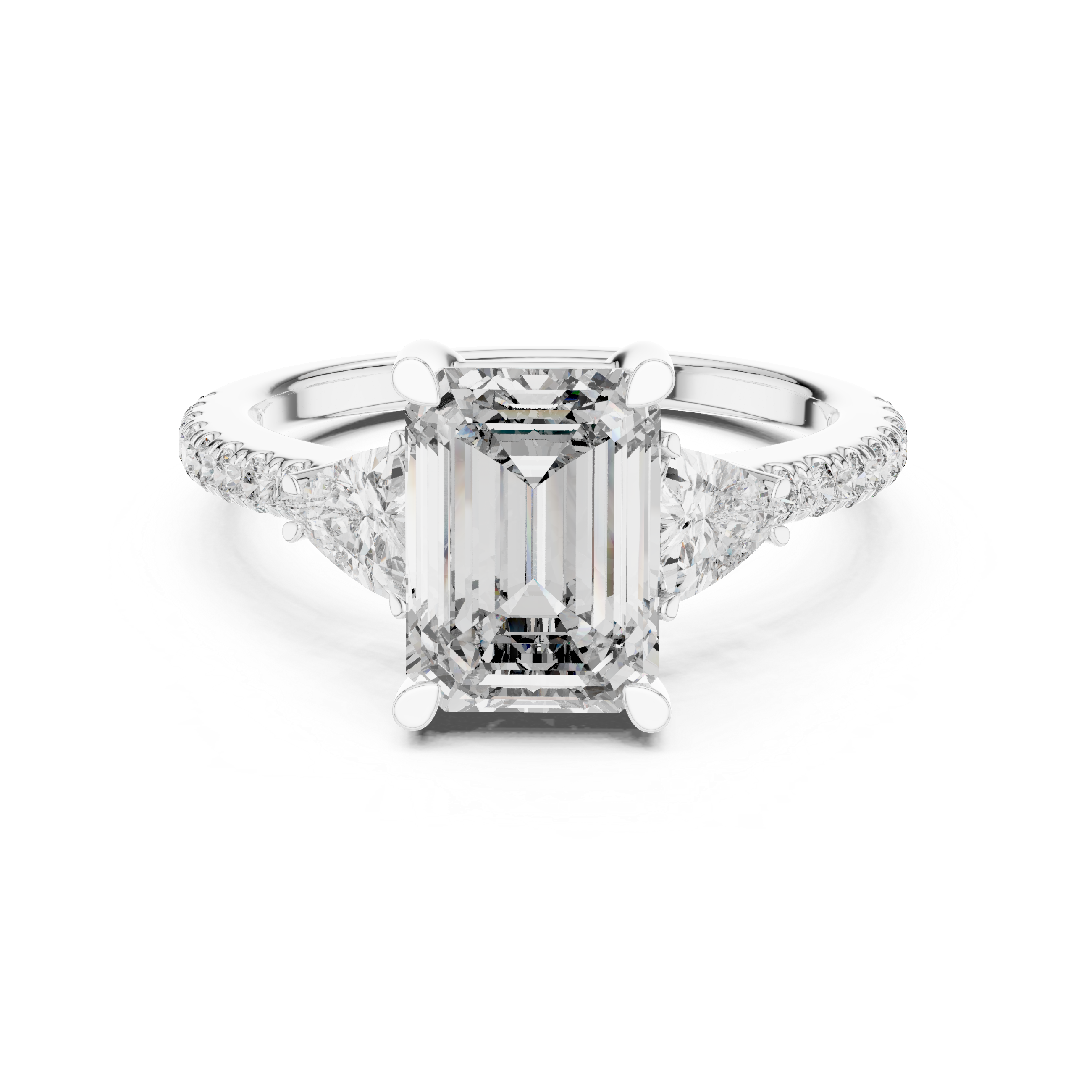 Emerald Cut Diamond Ring with Pear Side Stones and Pav‚ Band