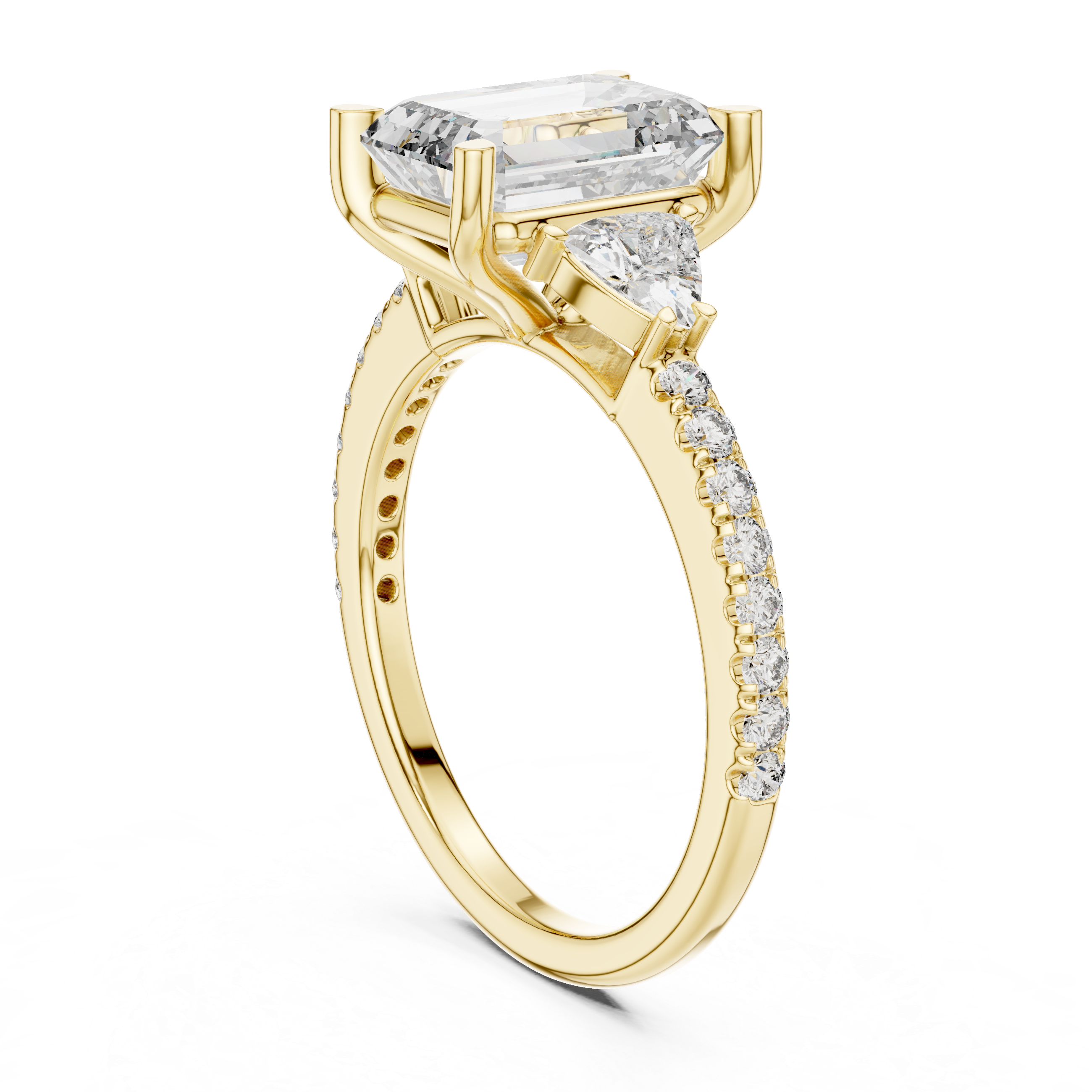 Emerald Cut Diamond Ring with Pear Side Stones and Pav‚ Band