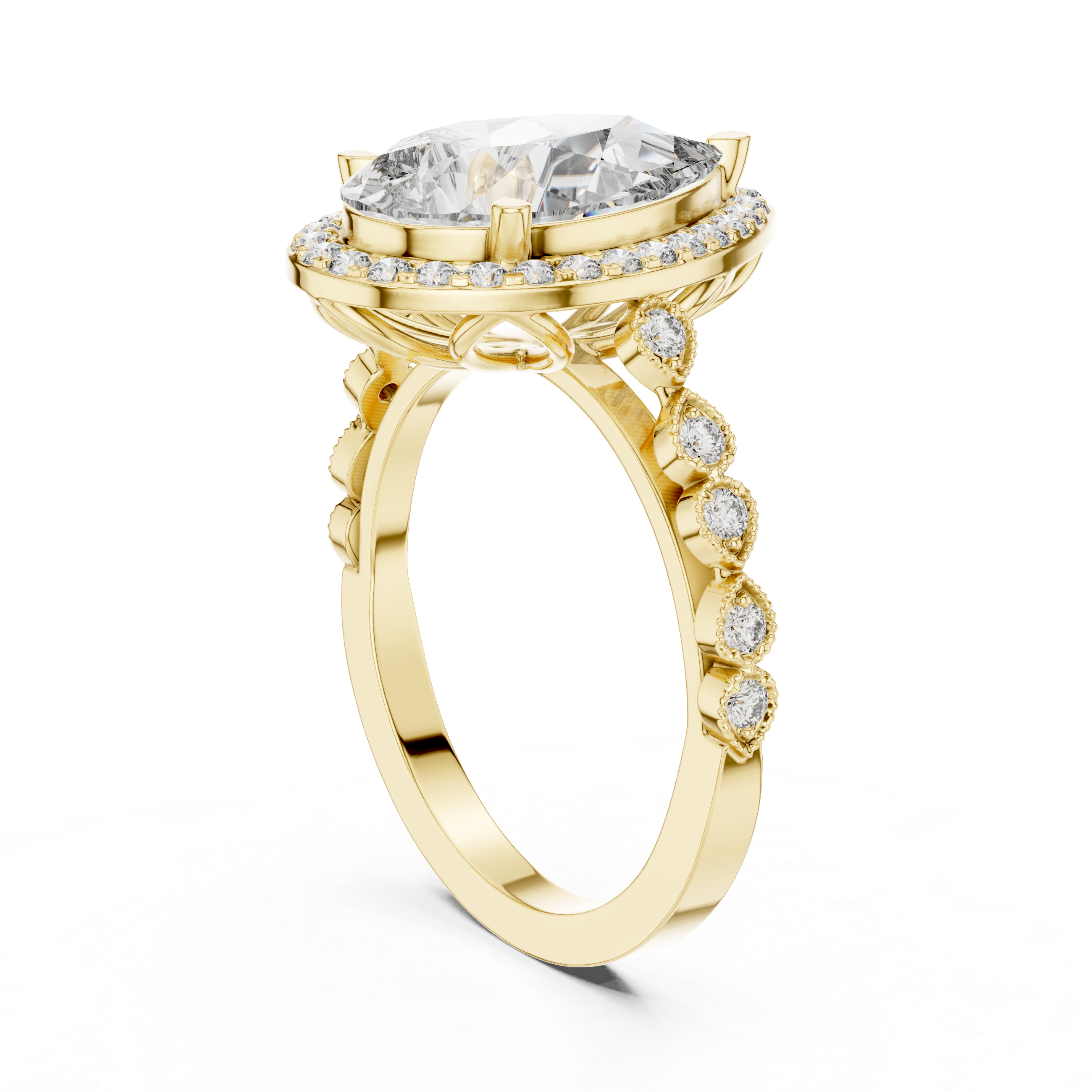 Oval Halo Diamond Ring with Bezel-Set Accent Stones
