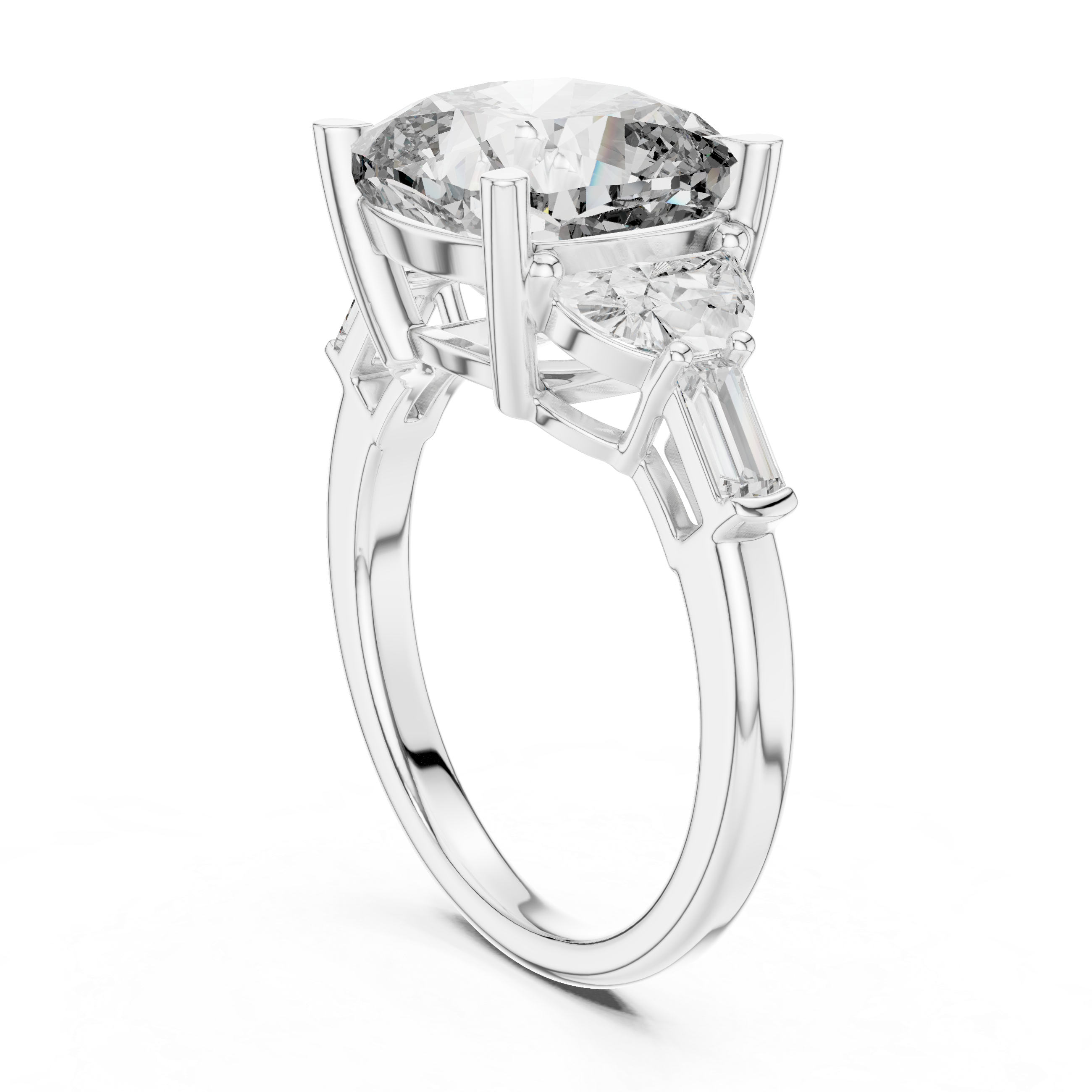 Oval Cut Diamond Three Stone Engagement Ring with Pear and Baguette Side Stones