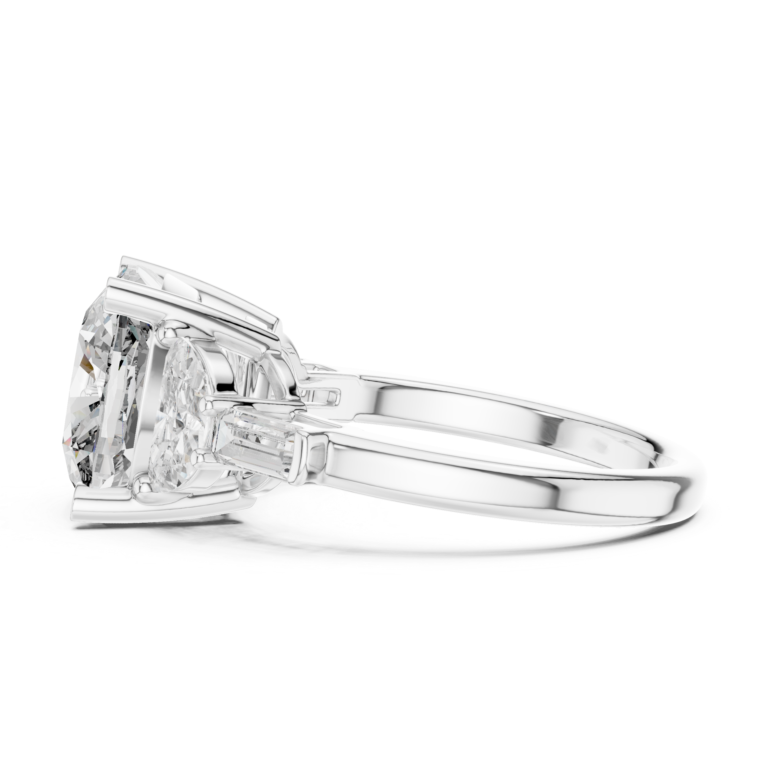 Oval Cut Diamond Three Stone Engagement Ring with Pear and Baguette Side Stones