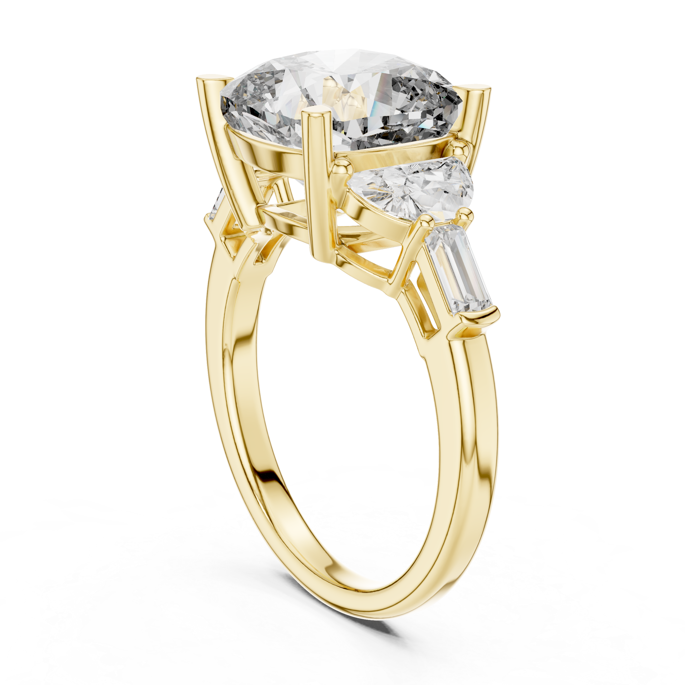 Oval Cut Diamond Three Stone Engagement Ring with Pear and Baguette Side Stones