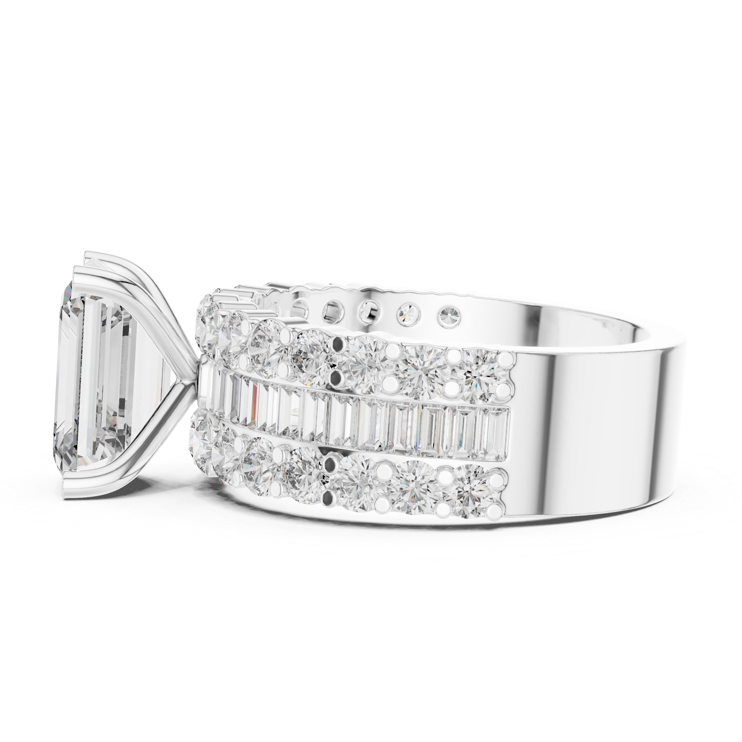 Emerald Cut Diamond Engagement Ring with Triple Row Round and Baguette Accents