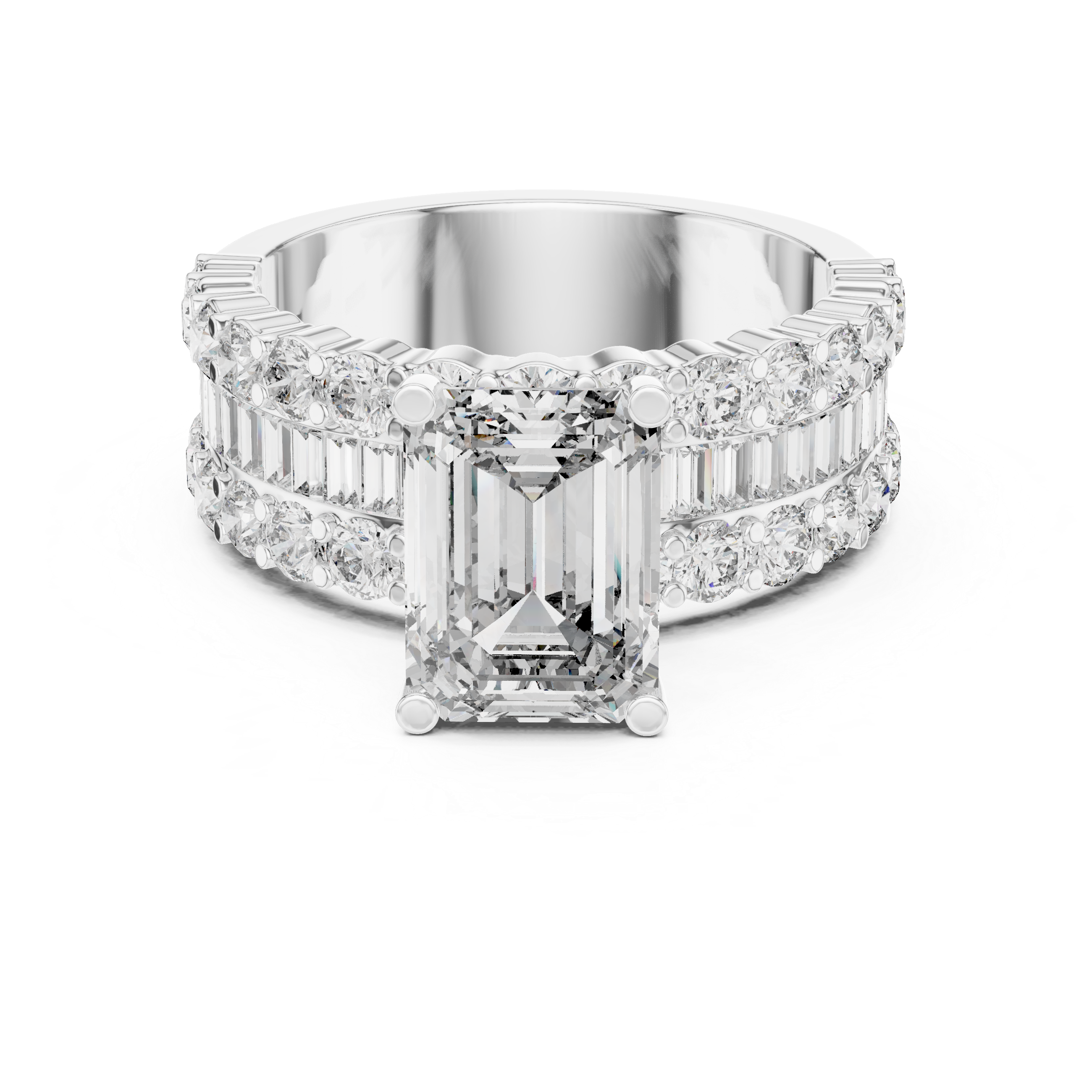 Emerald Cut Diamond Engagement Ring with Triple Row Round and Baguette Accents