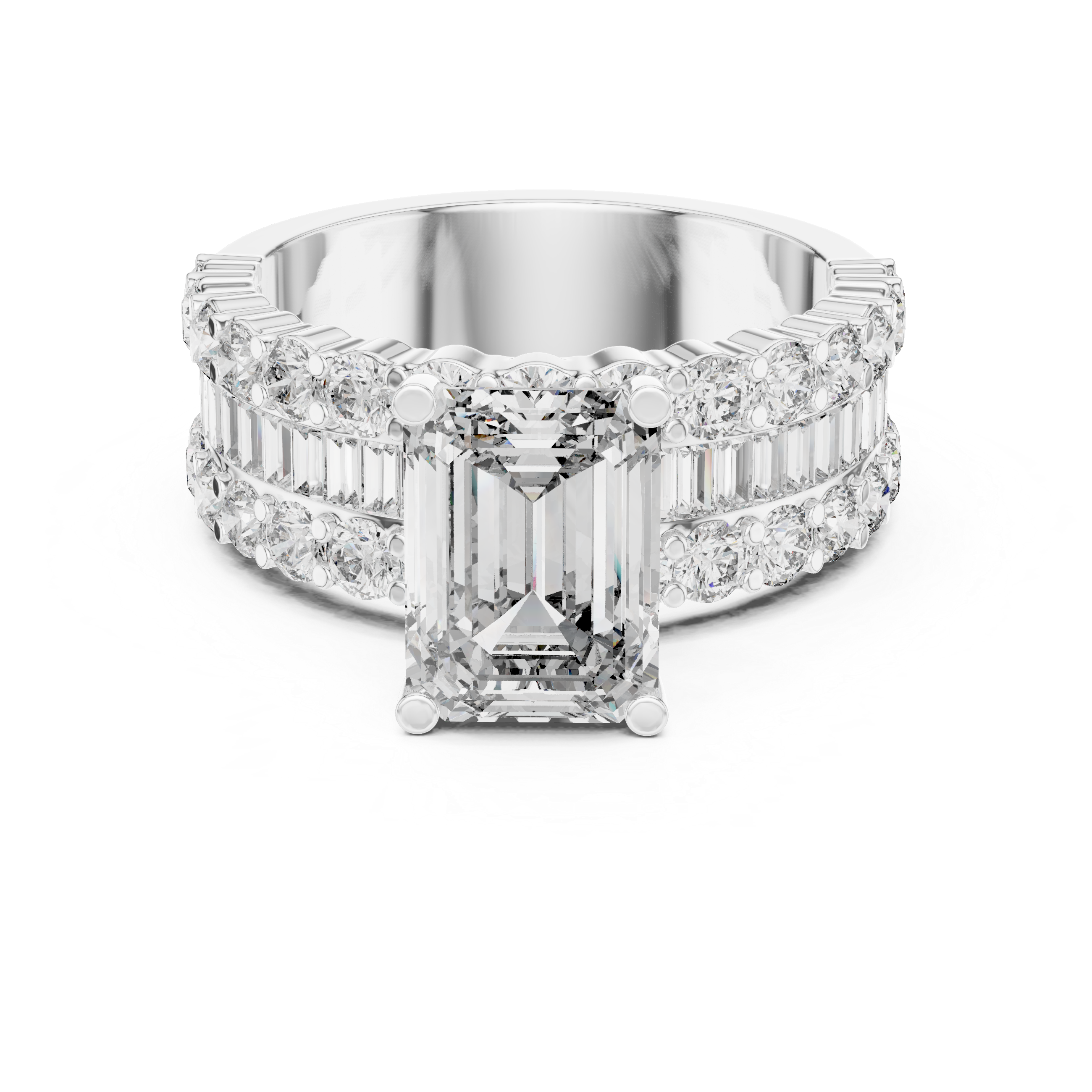 Emerald Cut Diamond Engagement Ring with Triple Row Round and Baguette Accents