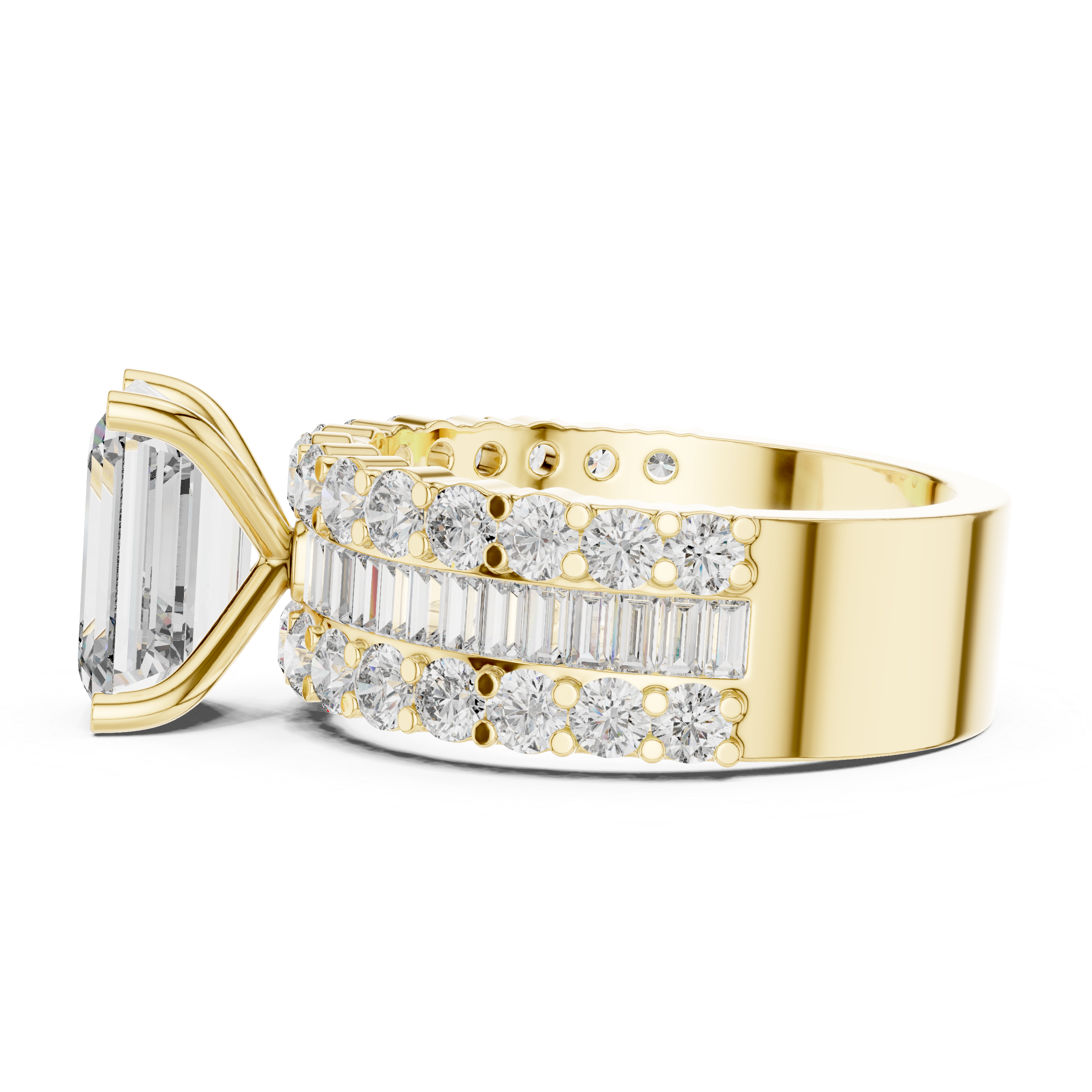 Emerald Cut Diamond Engagement Ring with Triple Row Round and Baguette Accents