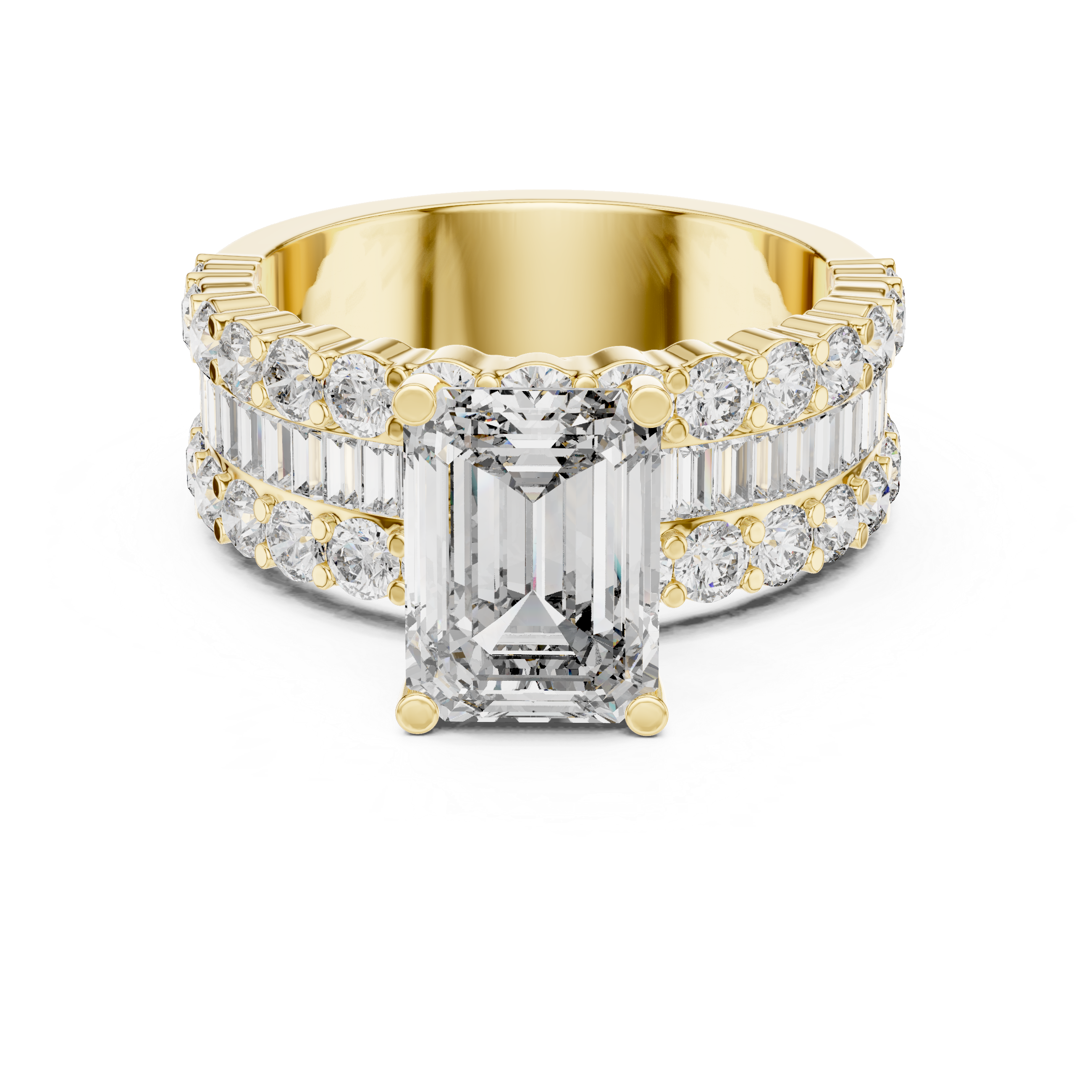 Emerald Cut Diamond Engagement Ring with Triple Row Round and Baguette Accents