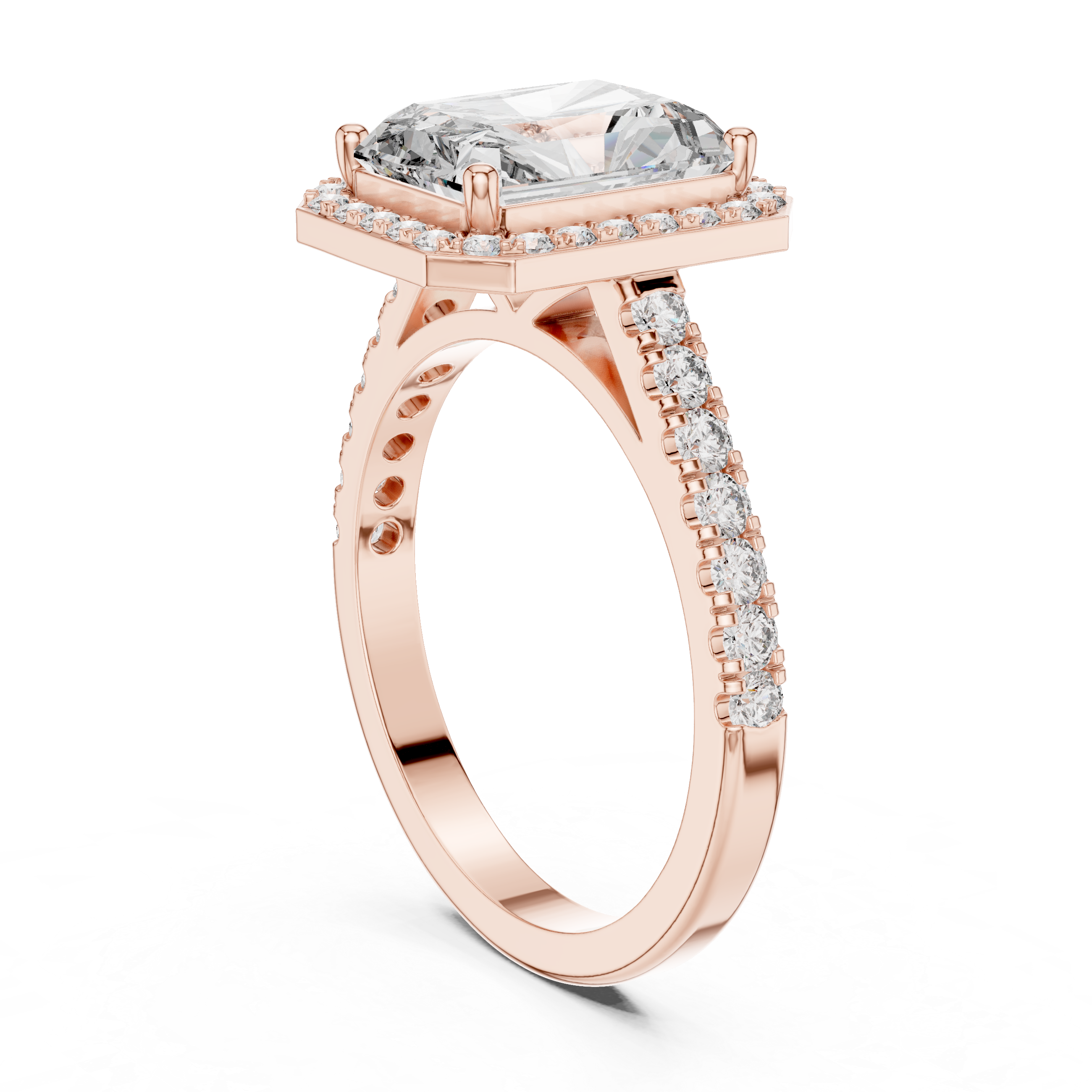 Emerald Cut Diamond Halo Engagement Ring with Pav‚ Band