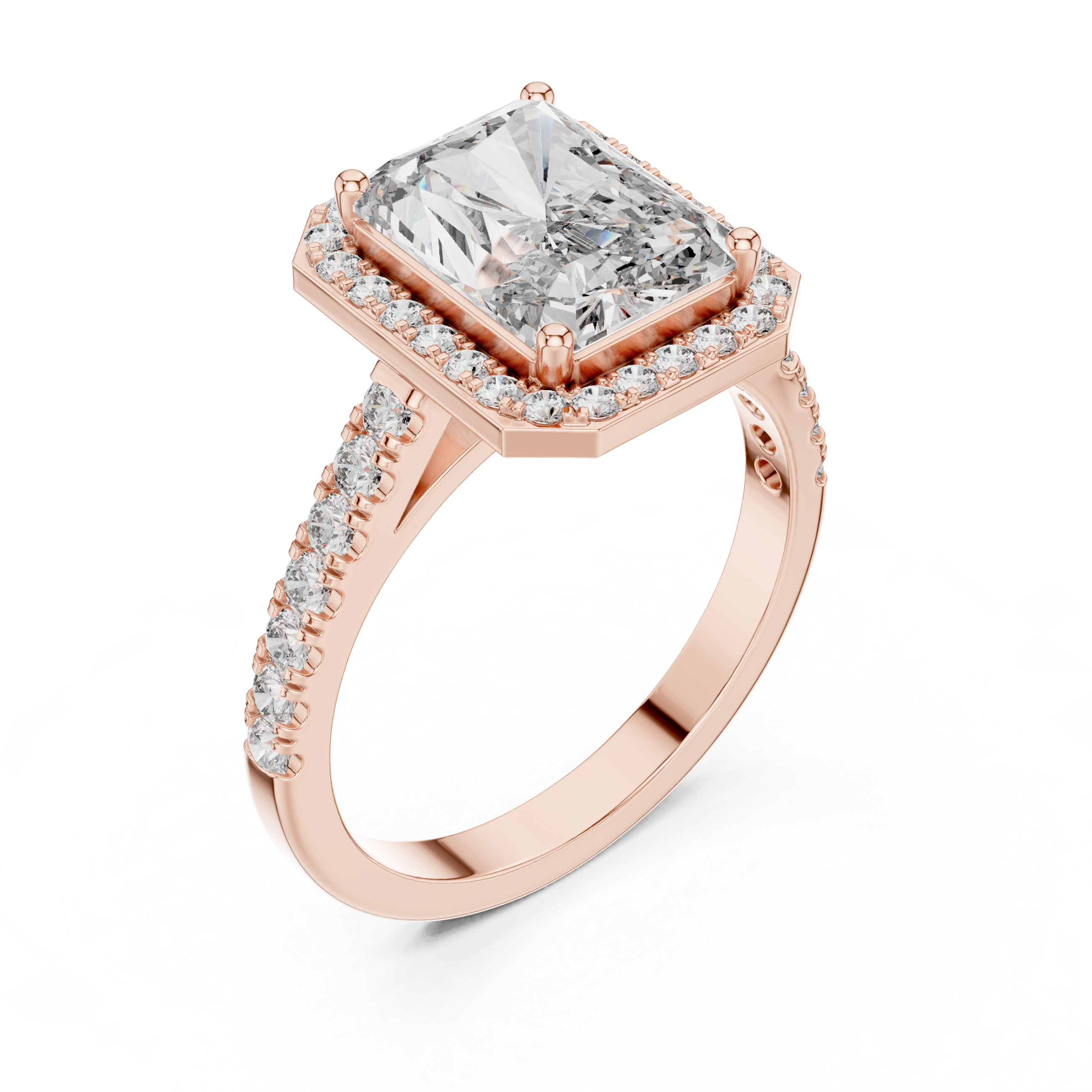 Emerald Cut Diamond Halo Engagement Ring with Pav‚ Band