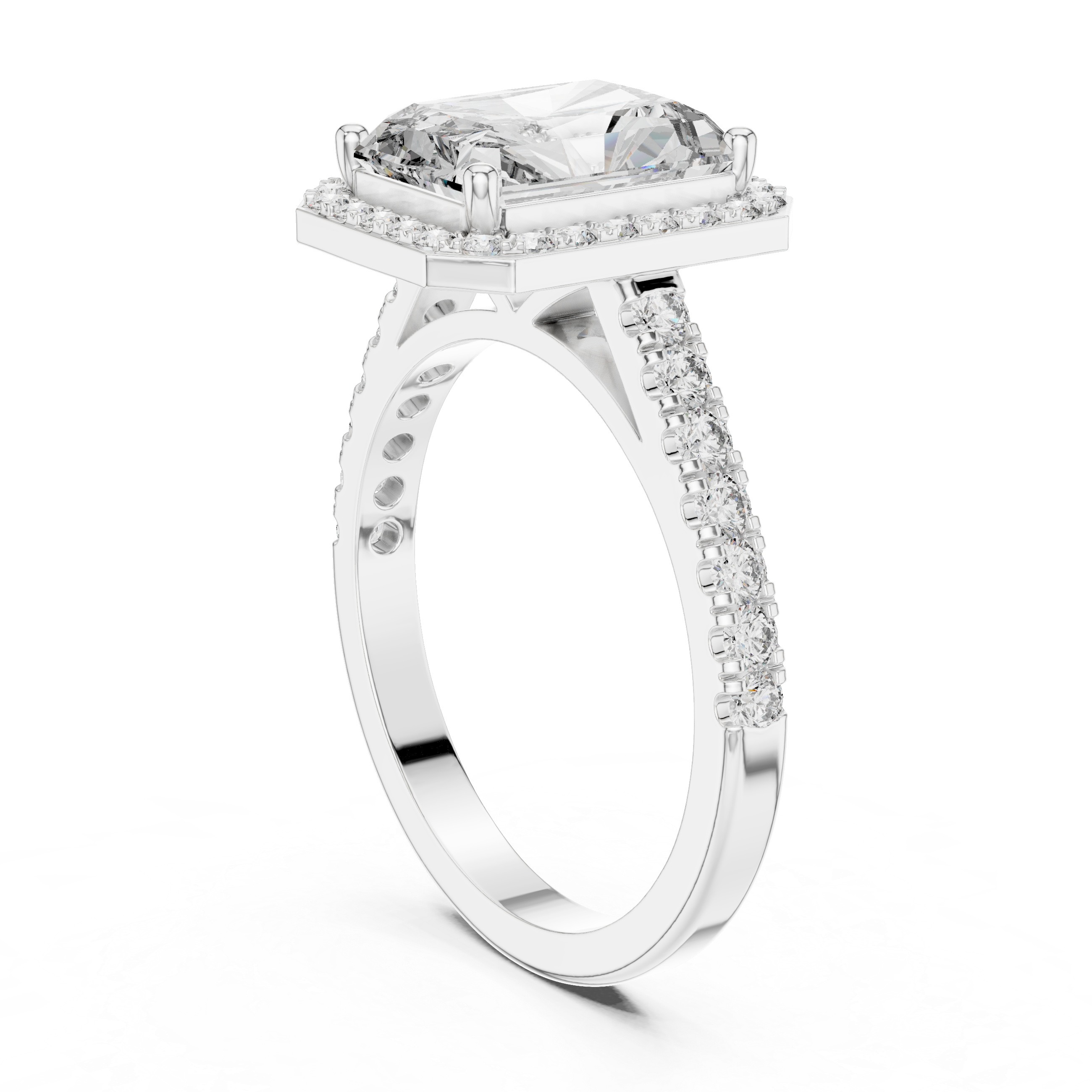 Emerald Cut Diamond Halo Engagement Ring with Pav‚ Band