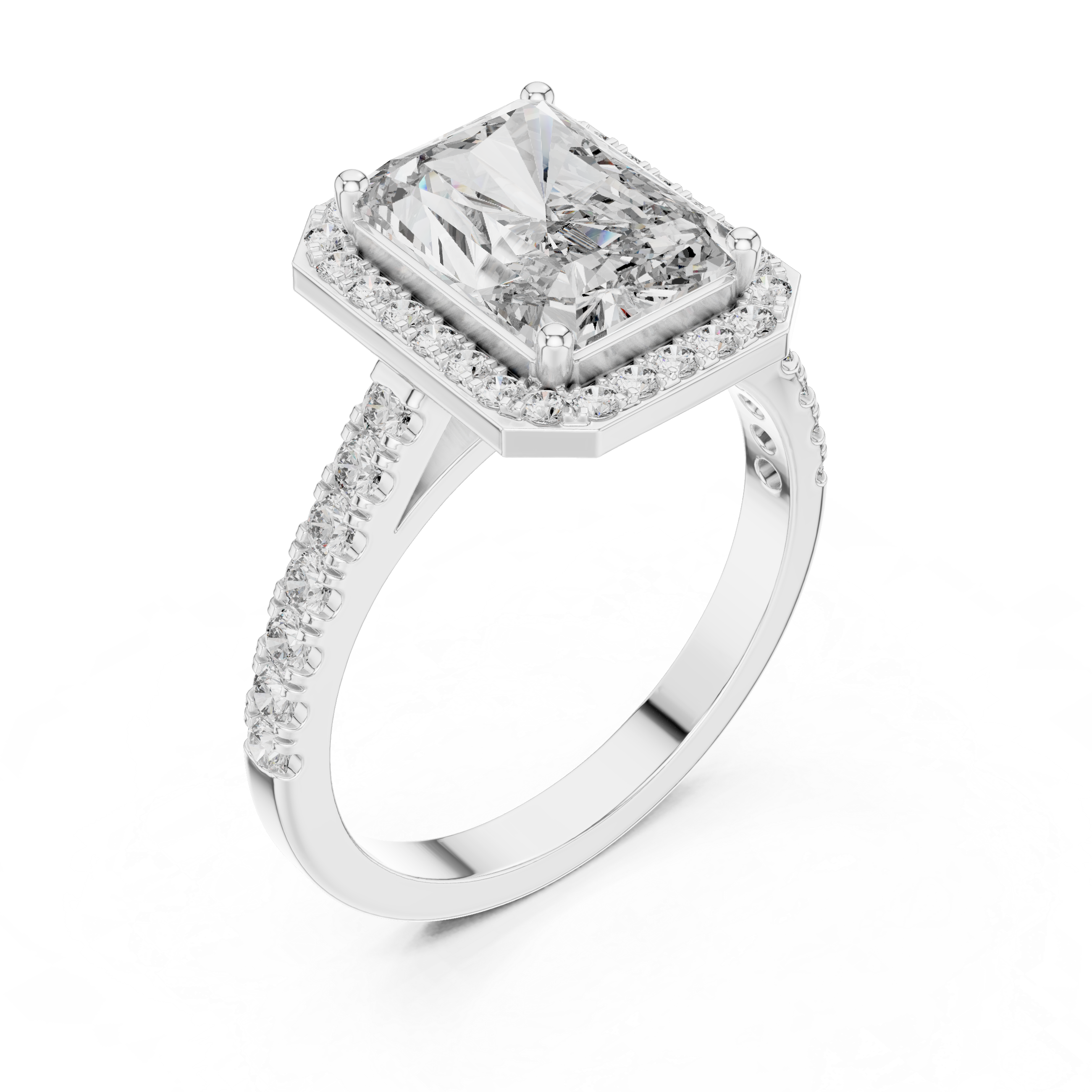 Emerald Cut Diamond Halo Engagement Ring with Pav‚ Band