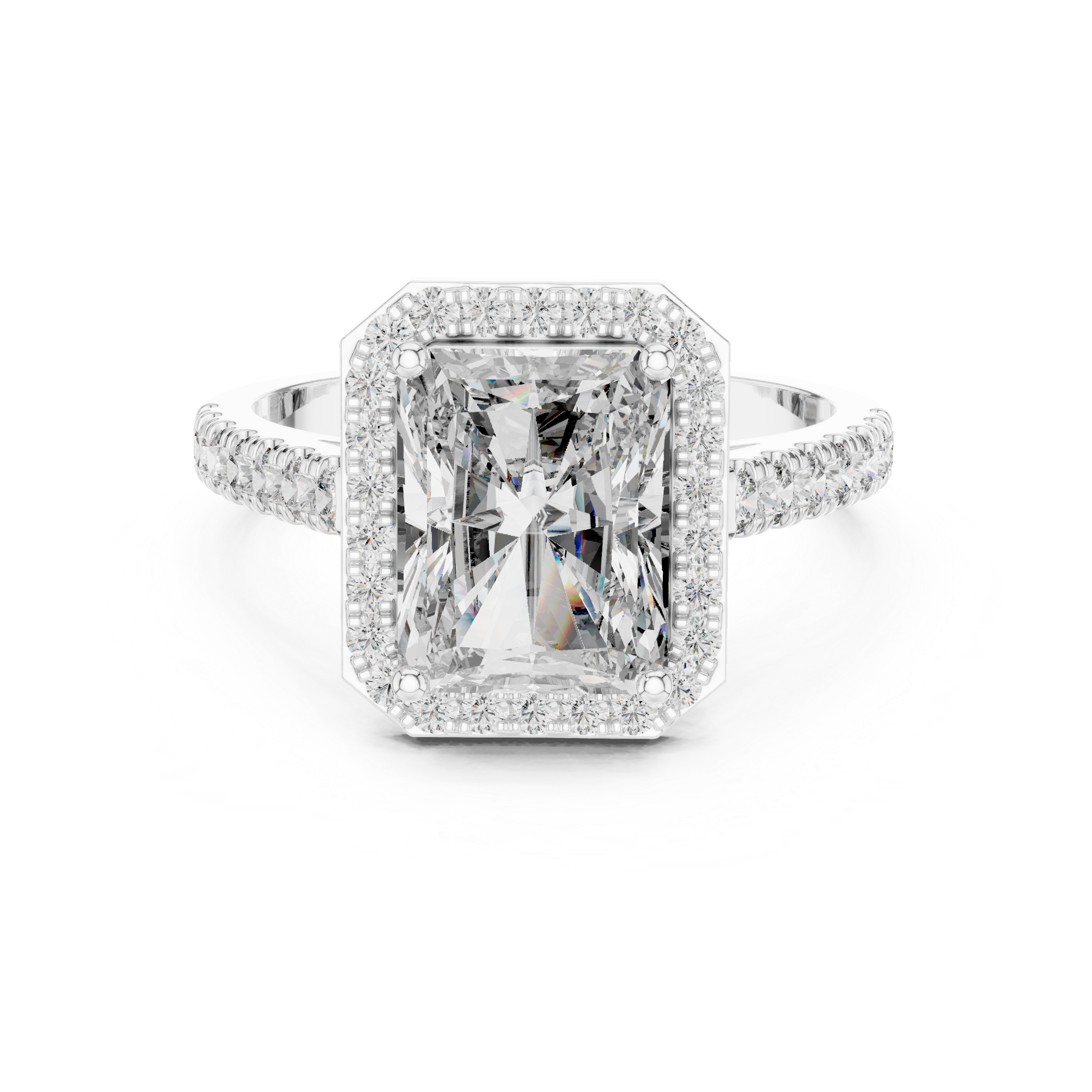 Emerald Cut Diamond Halo Engagement Ring with Pav‚ Band