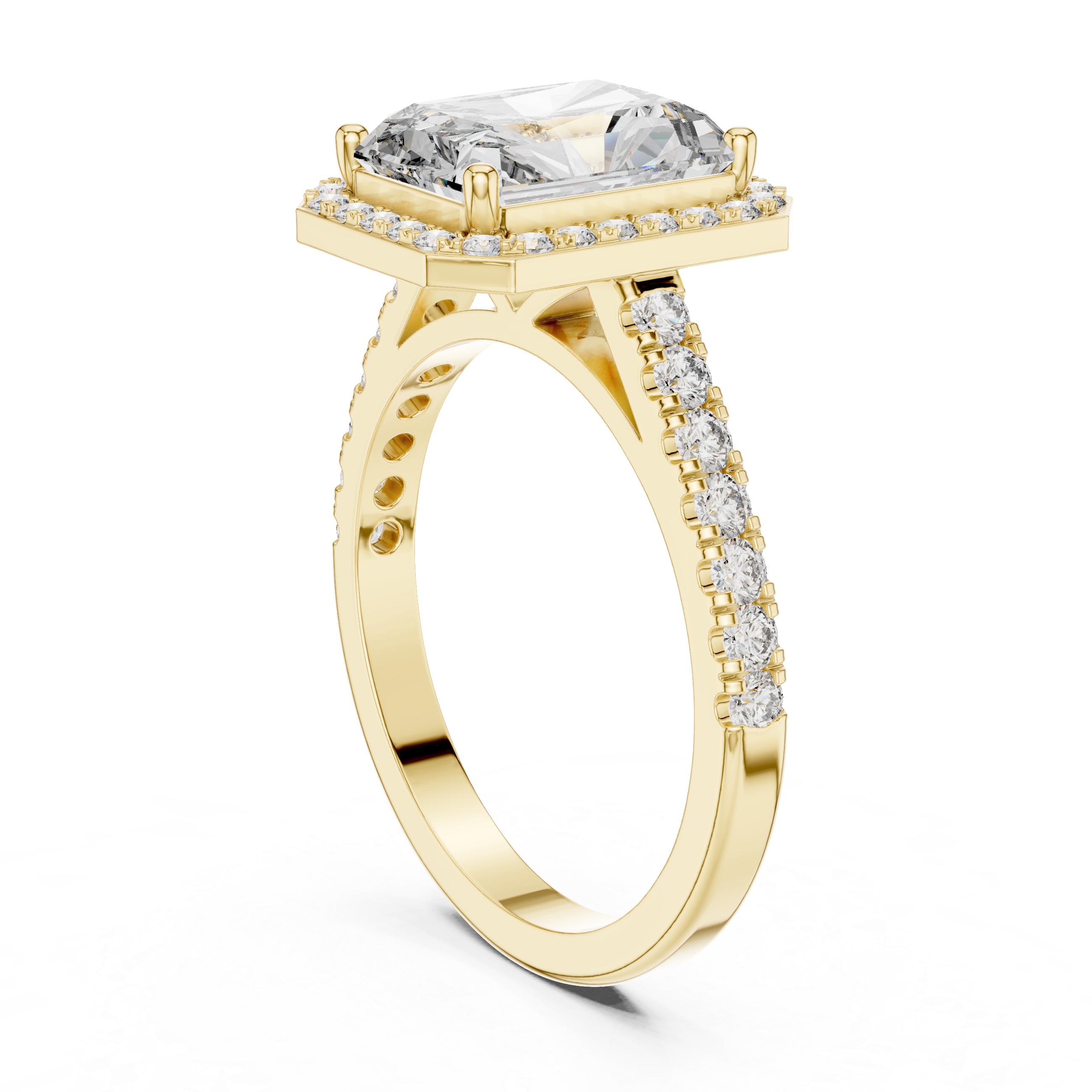 Emerald Cut Diamond Halo Engagement Ring with Pav‚ Band