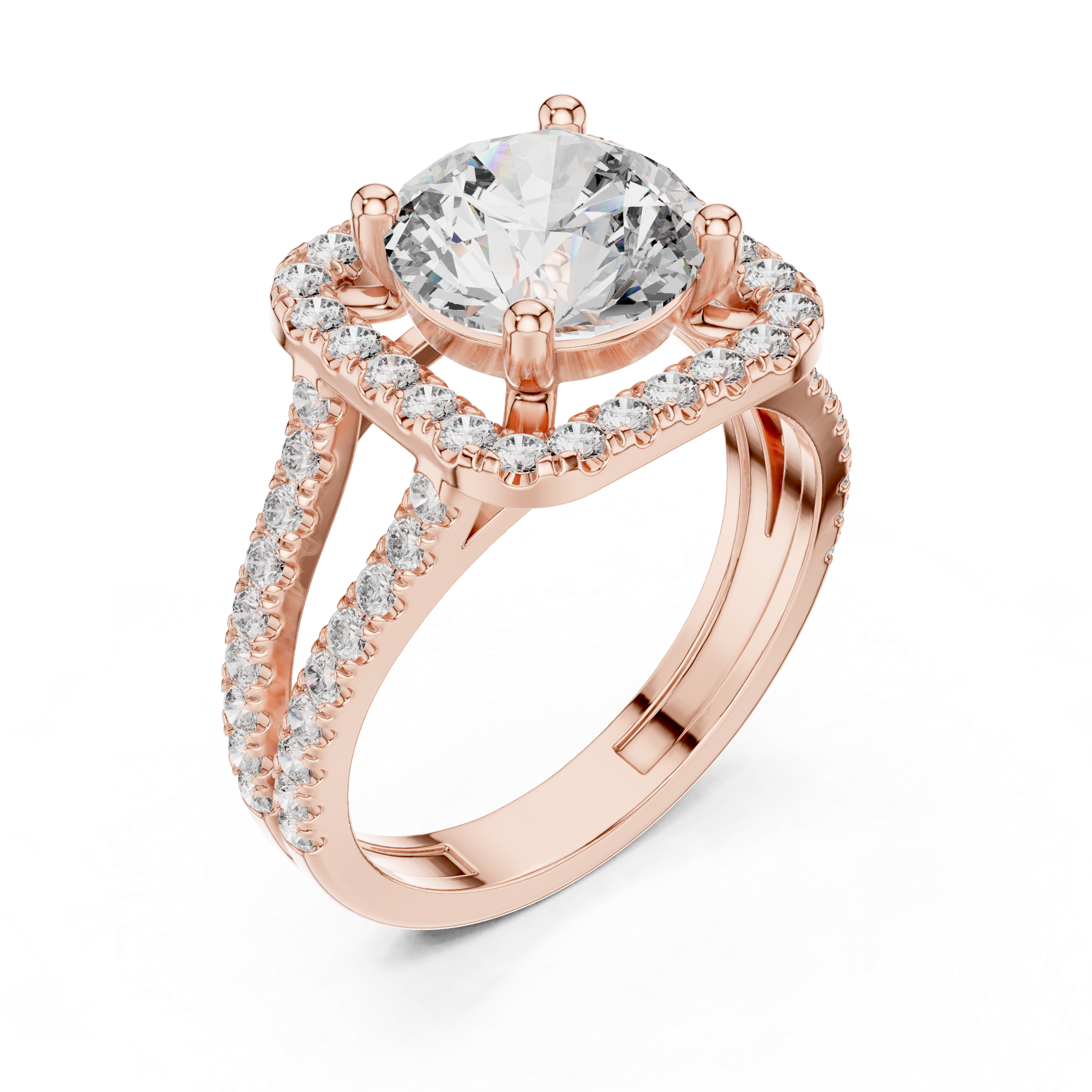 Round Cut Diamond Halo Engagement Ring with Split Shank Pav‚ Band