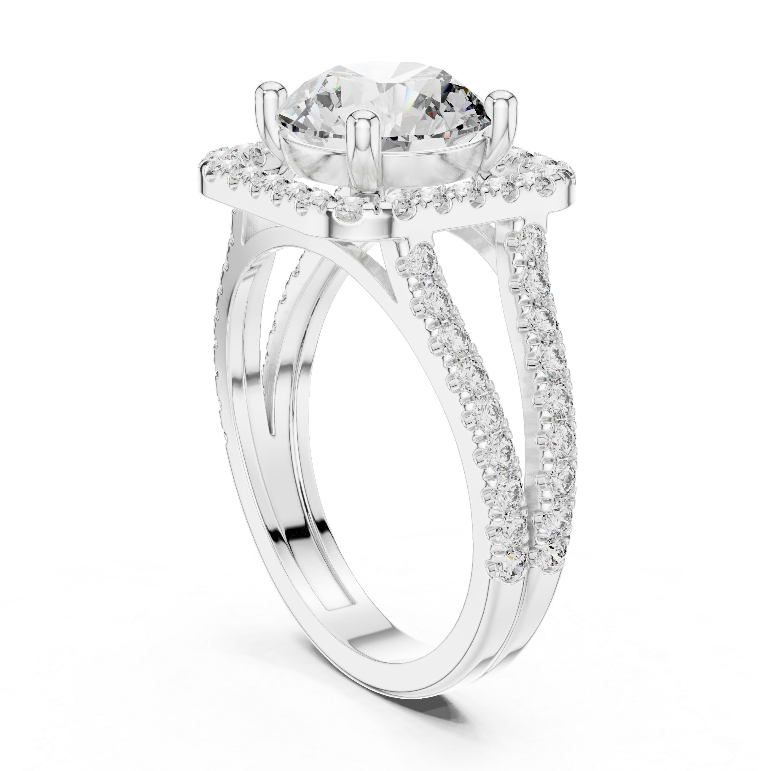 Round Cut Diamond Halo Engagement Ring with Split Shank Pav‚ Band