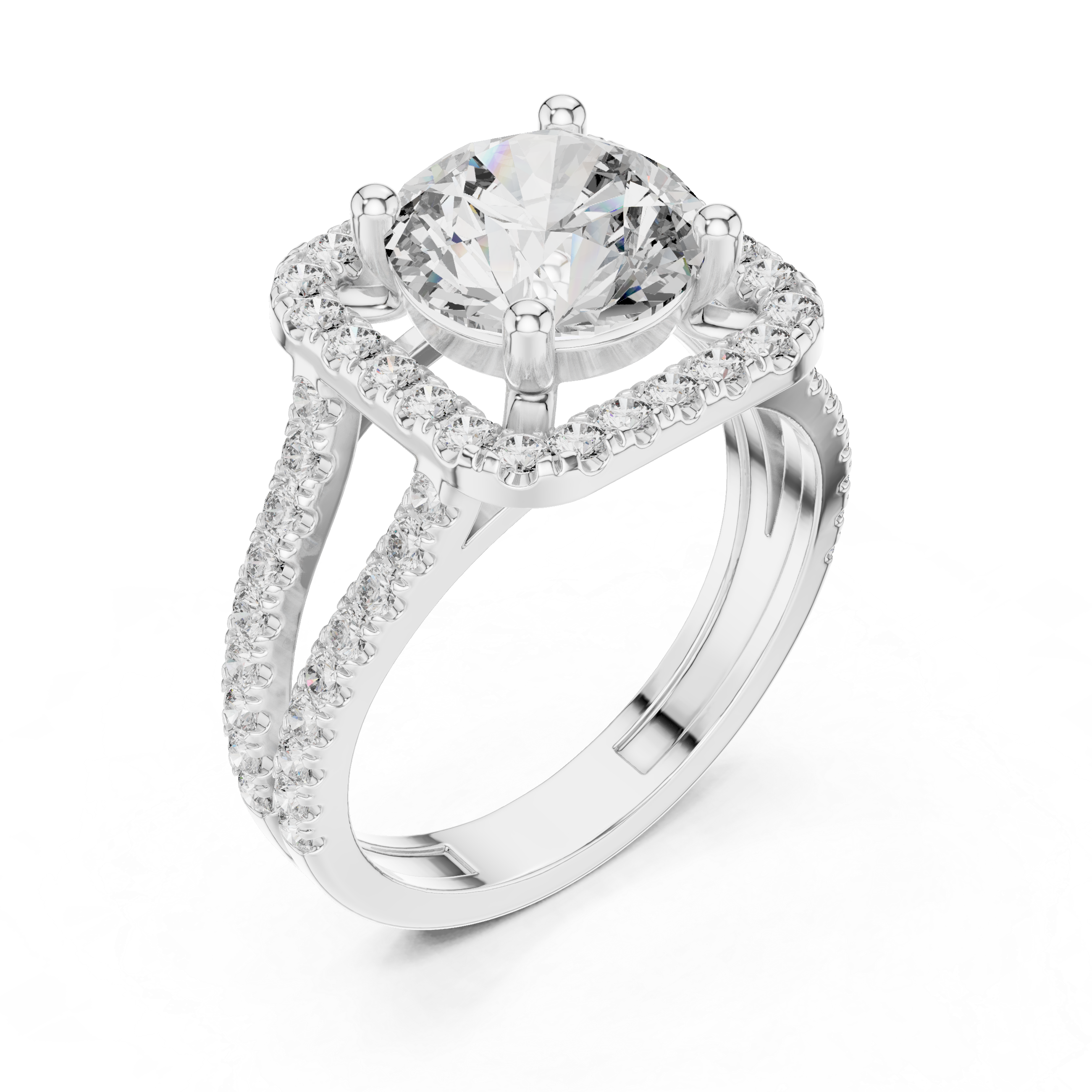 Round Cut Diamond Halo Engagement Ring with Split Shank Pav‚ Band
