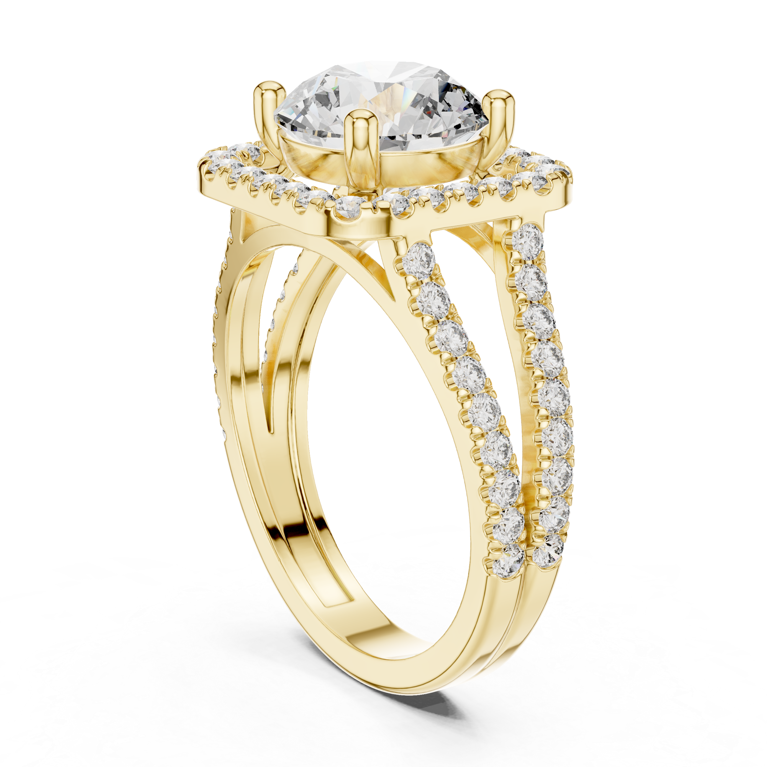 Round Cut Diamond Halo Engagement Ring with Split Shank Pav‚ Band
