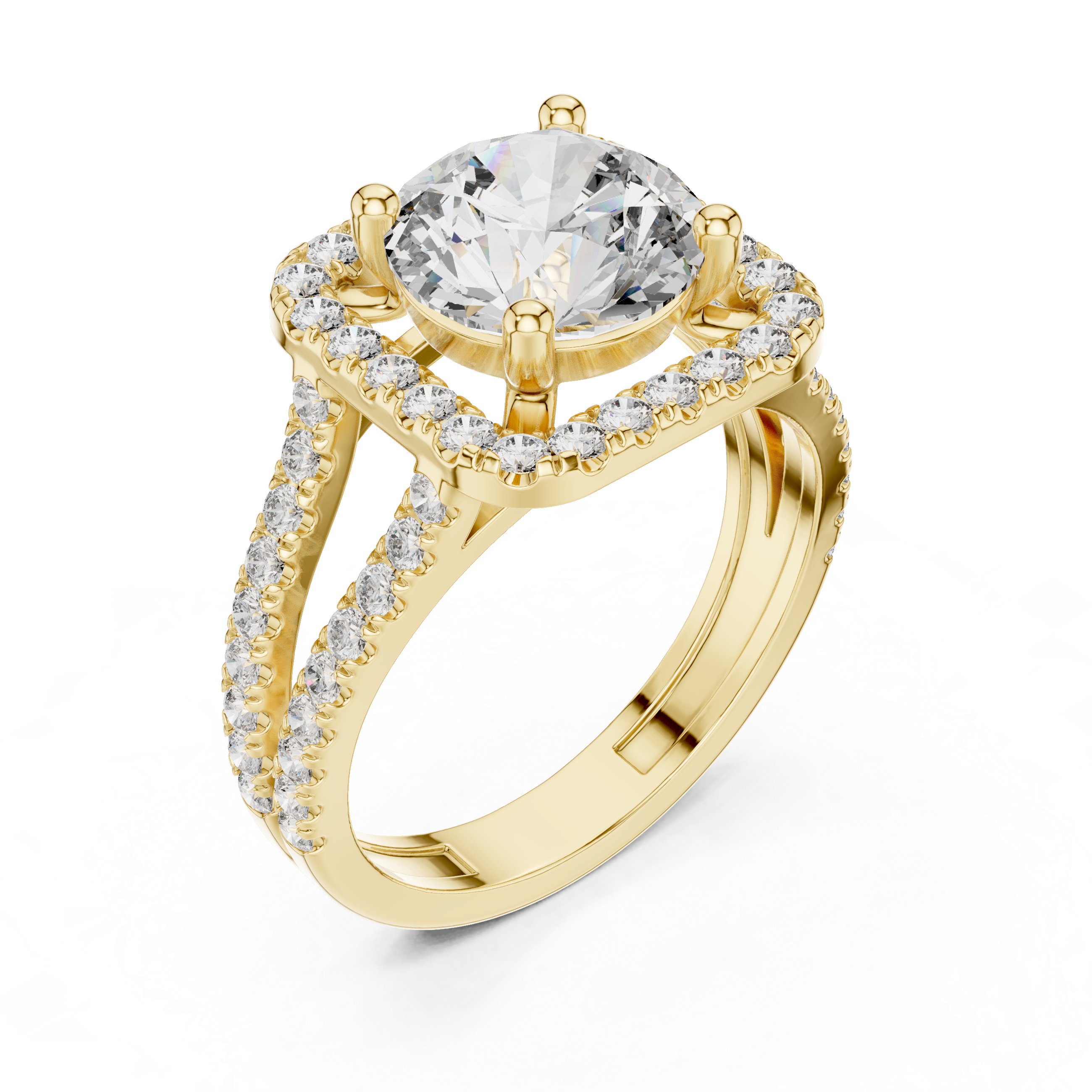 Round Cut Diamond Halo Engagement Ring with Split Shank Pav‚ Band