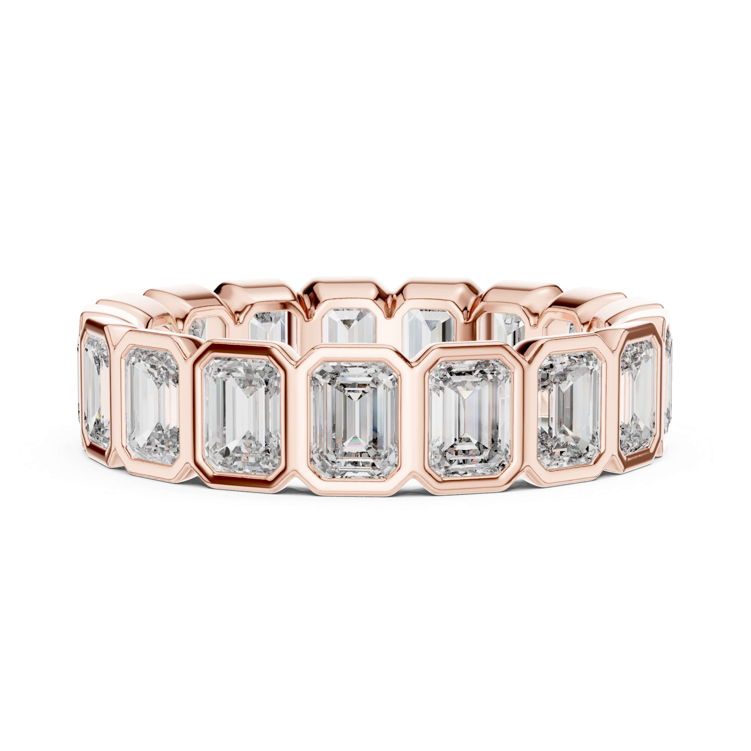 A bold eternity band featuring rectangular emerald-cut diamonds