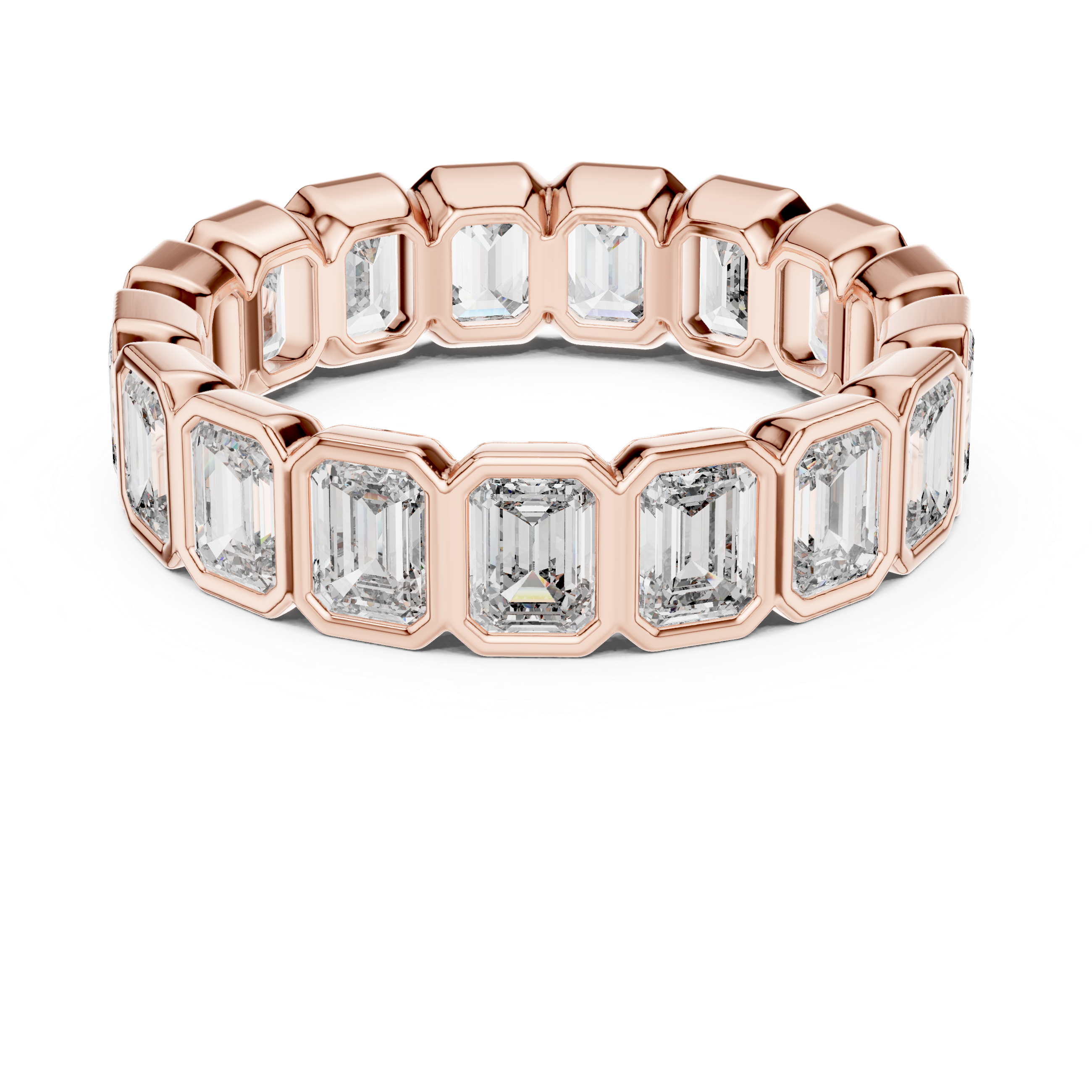 A bold eternity band featuring rectangular emerald-cut diamonds