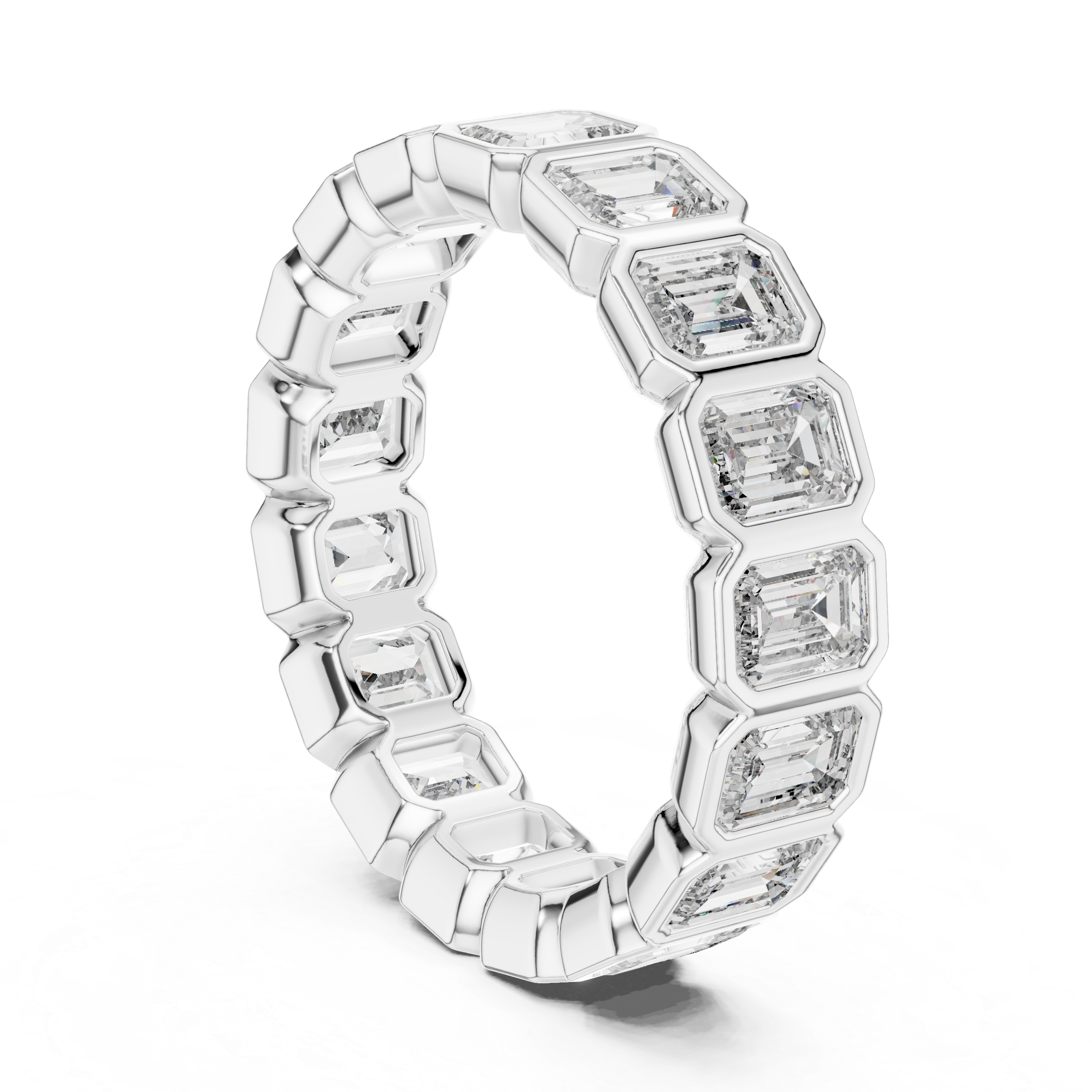 A bold eternity band featuring rectangular emerald-cut diamonds