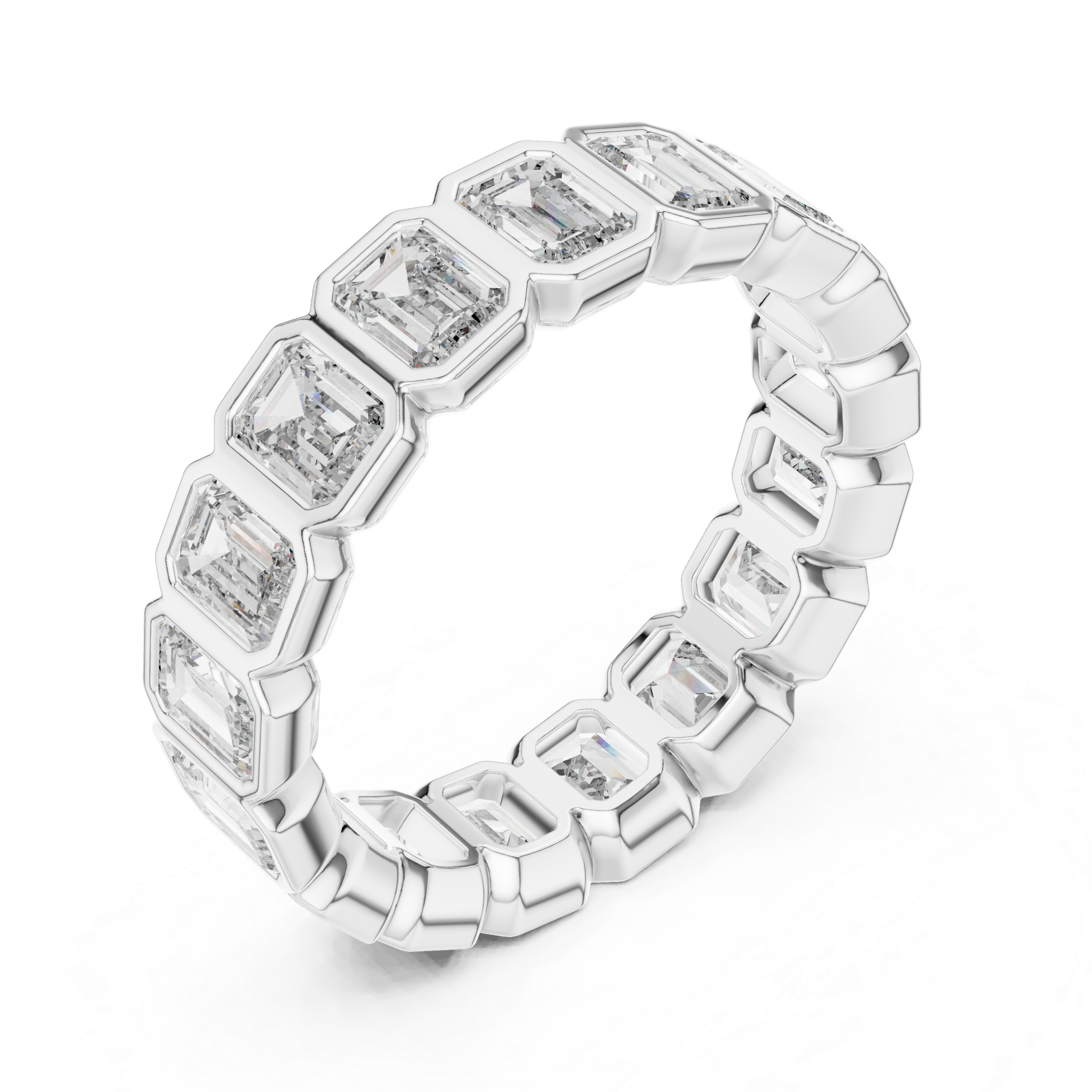 A bold eternity band featuring rectangular emerald-cut diamonds