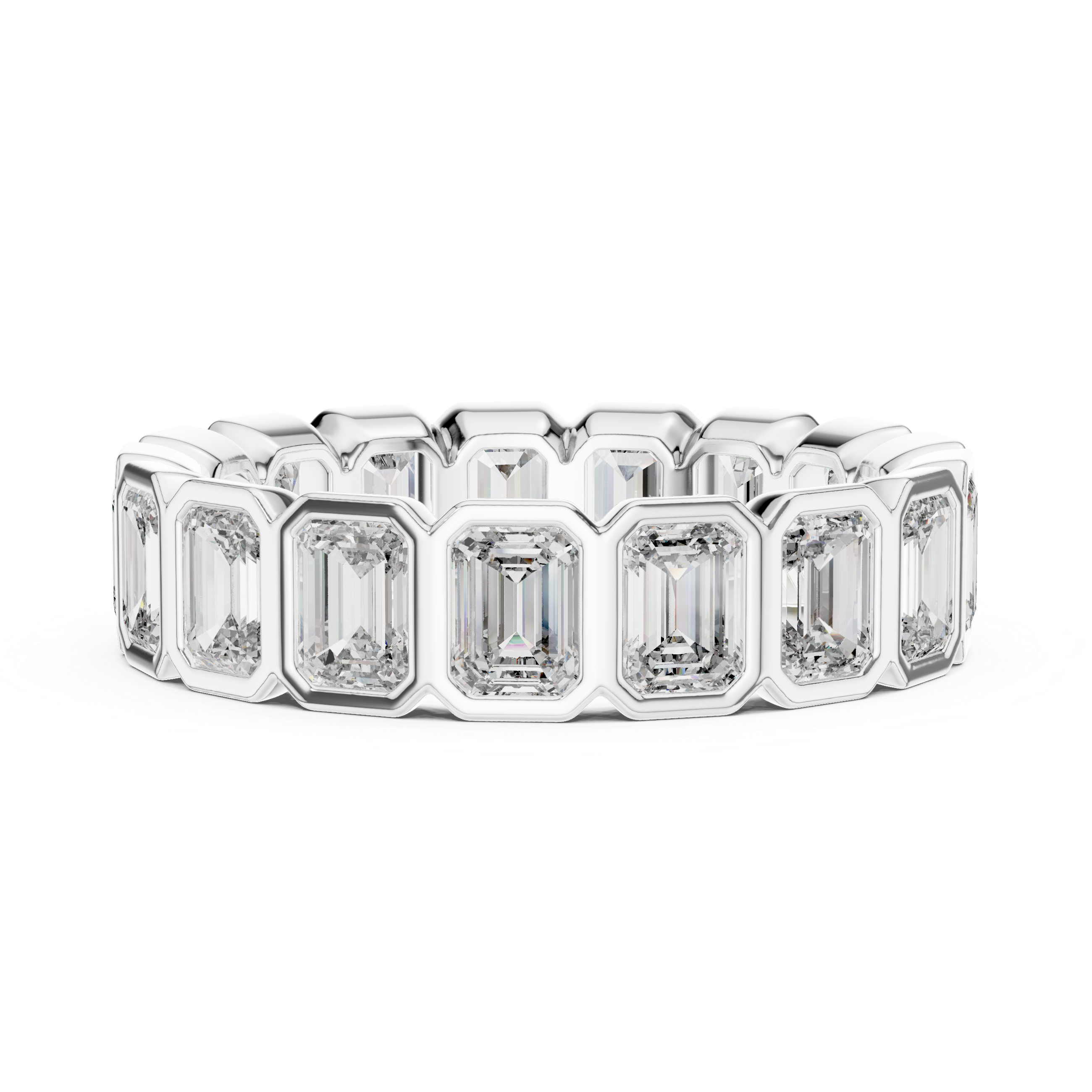 A bold eternity band featuring rectangular emerald-cut diamonds