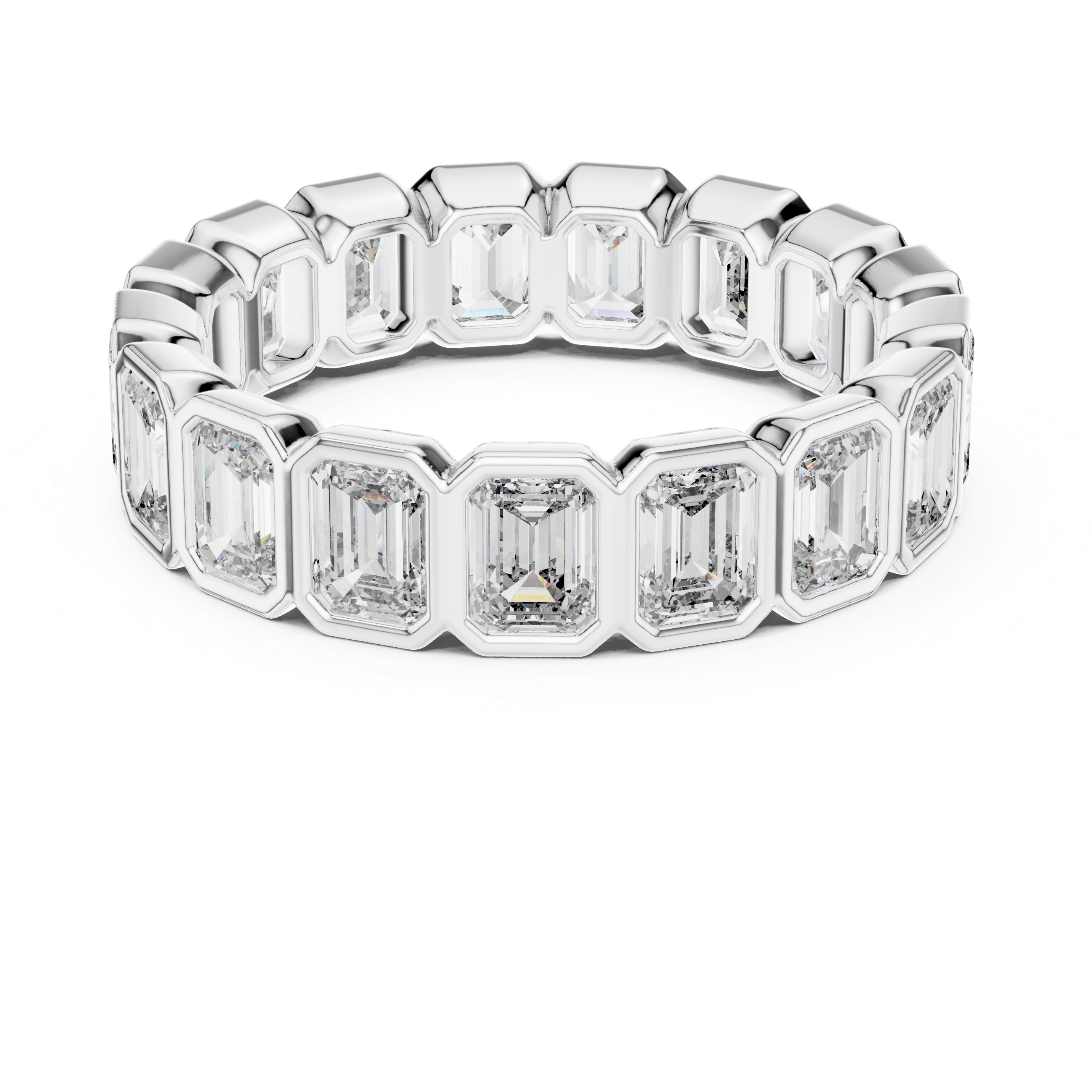 A bold eternity band featuring rectangular emerald-cut diamonds