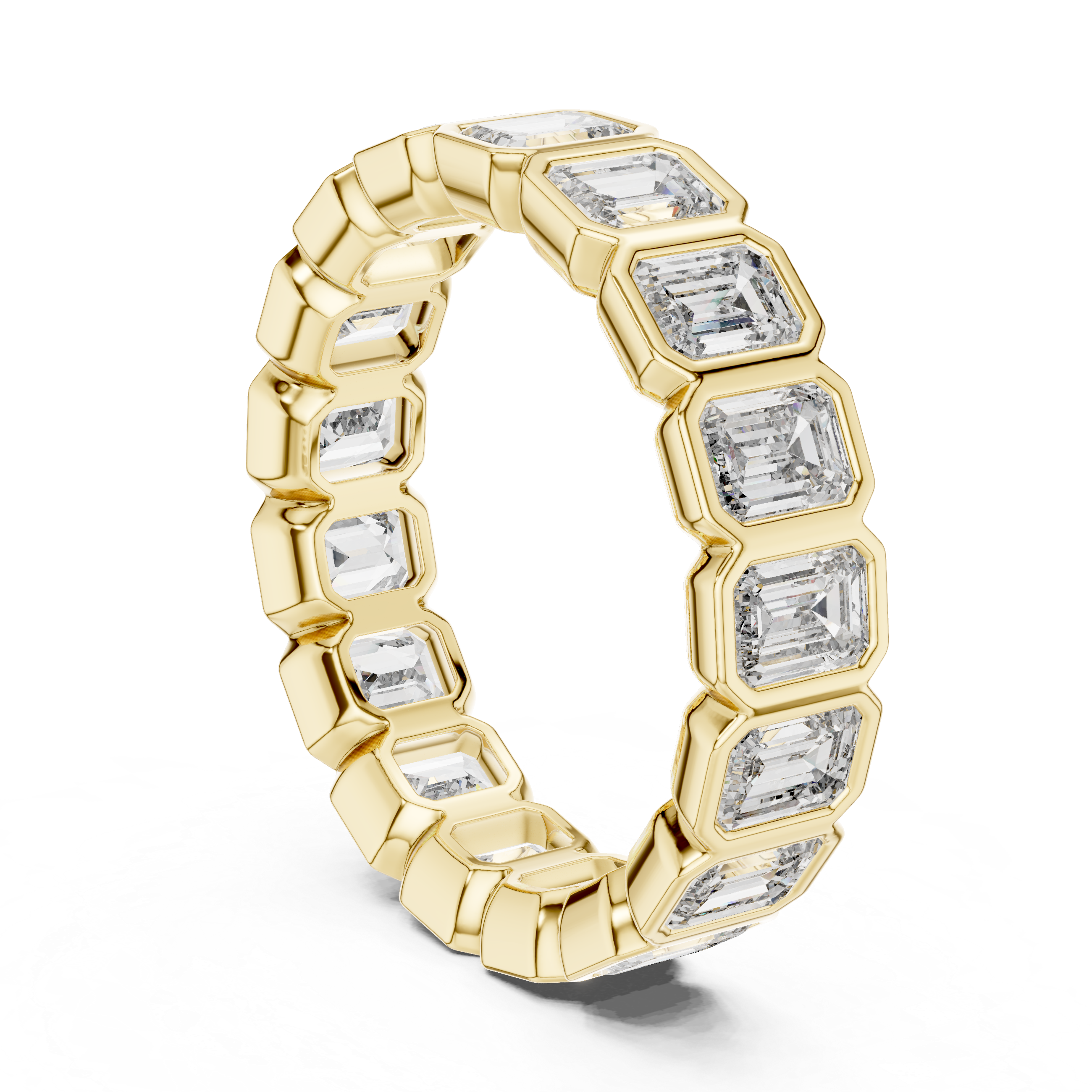 A bold eternity band featuring rectangular emerald-cut diamonds