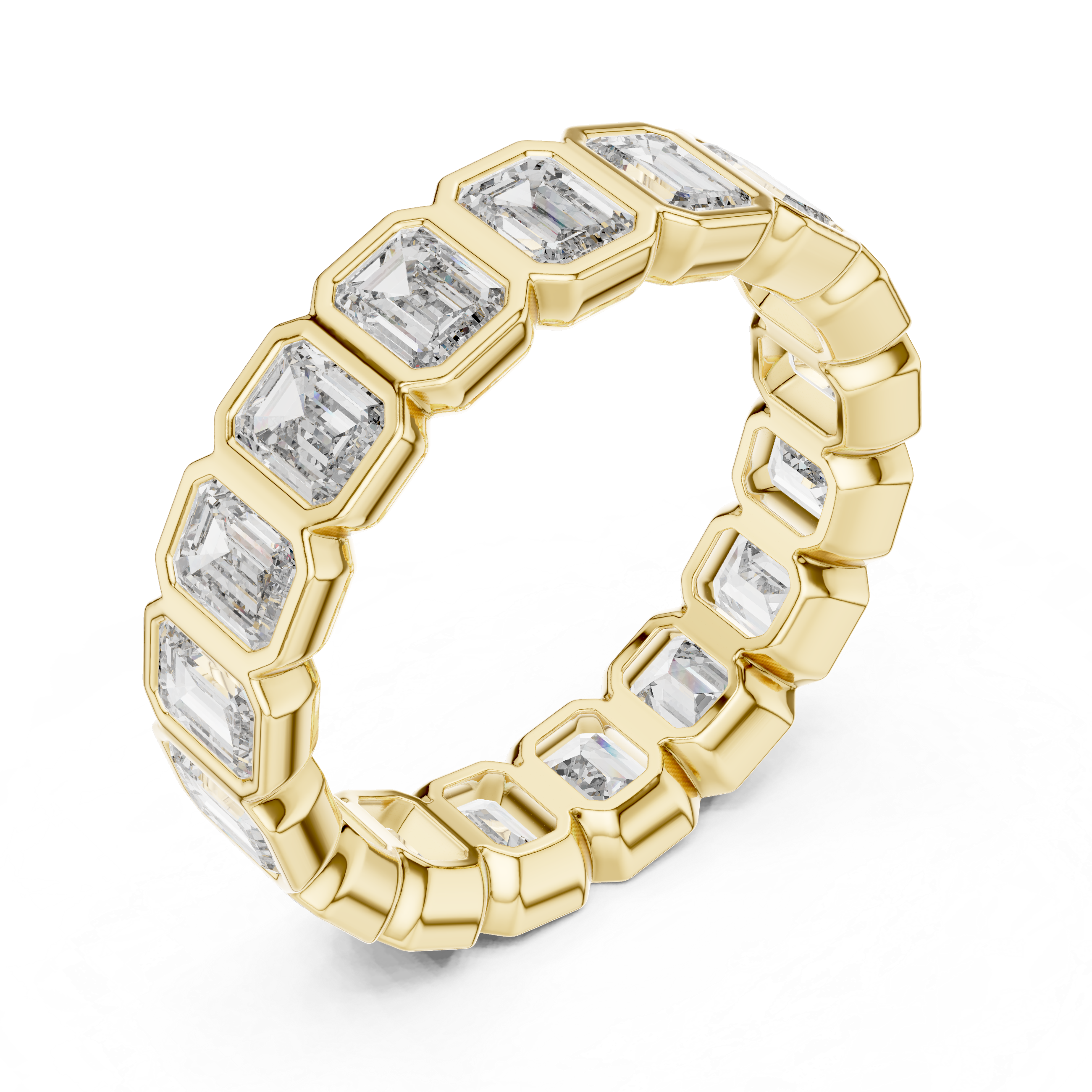 A bold eternity band featuring rectangular emerald-cut diamonds