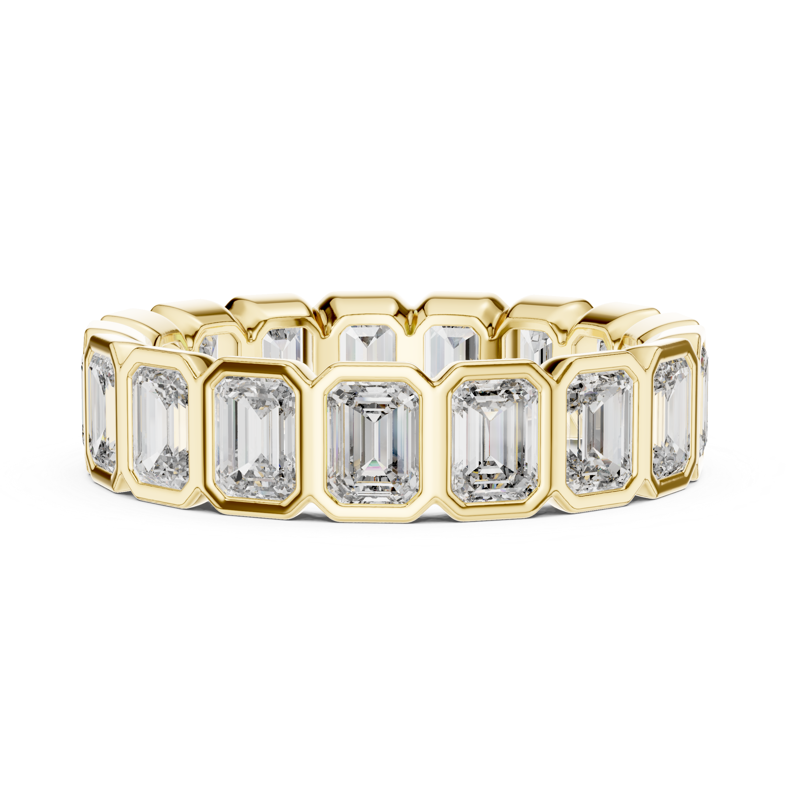 A bold eternity band featuring rectangular emerald-cut diamonds