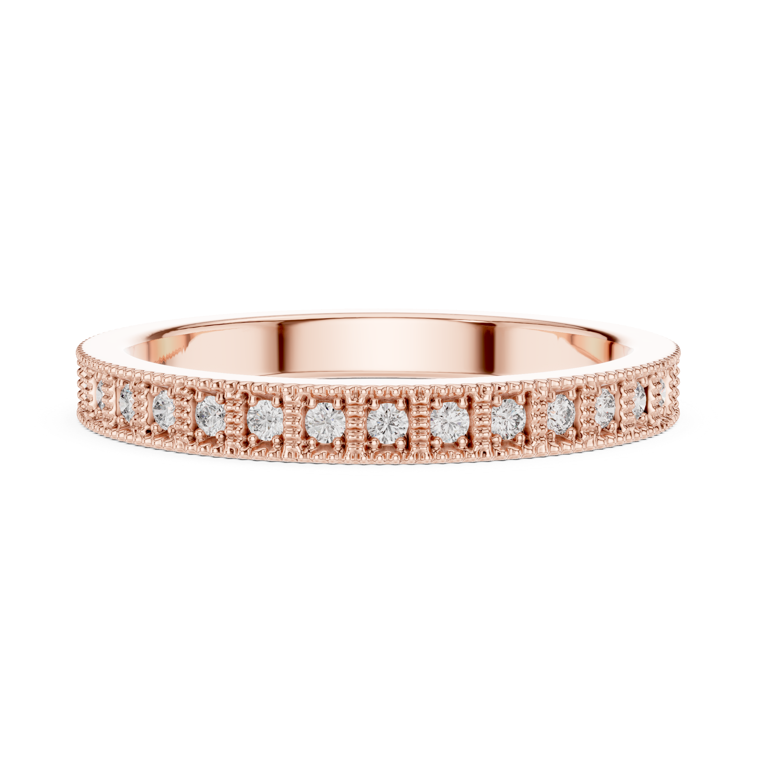 band with milgrain edges and sparkling round diamonds.