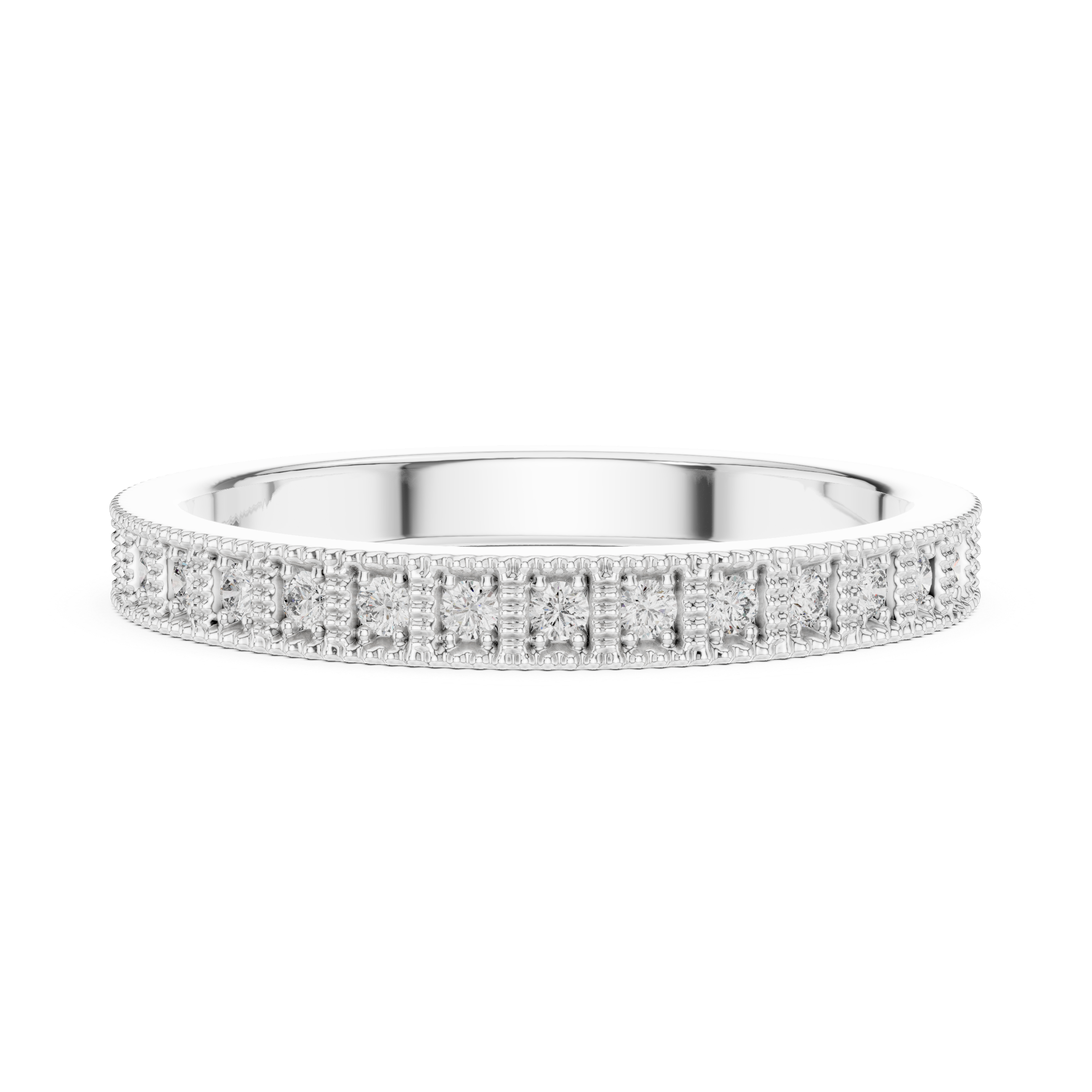 band with milgrain edges and sparkling round diamonds.