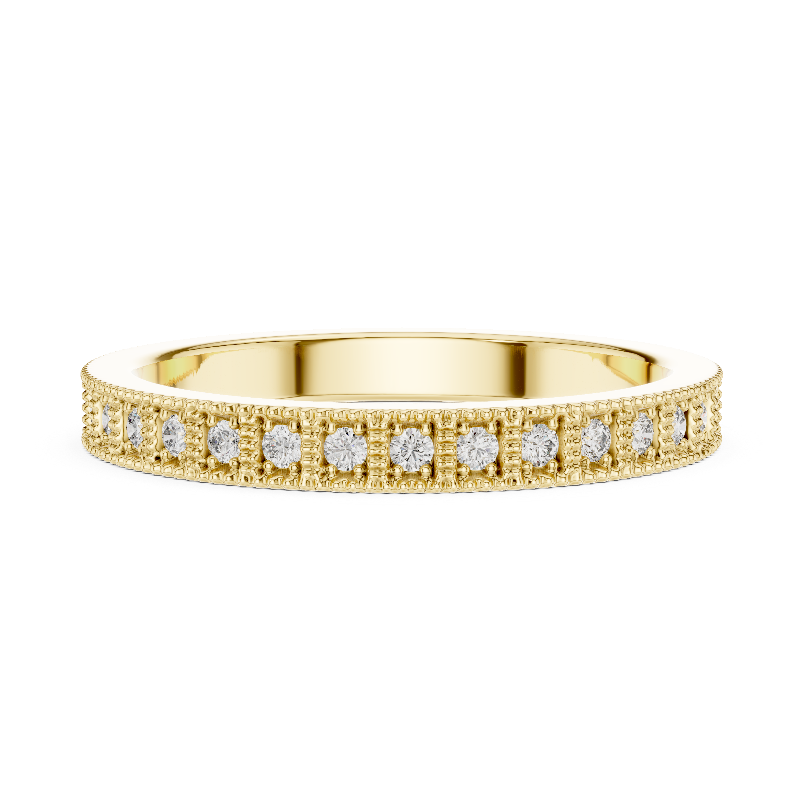 band with milgrain edges and sparkling round diamonds.