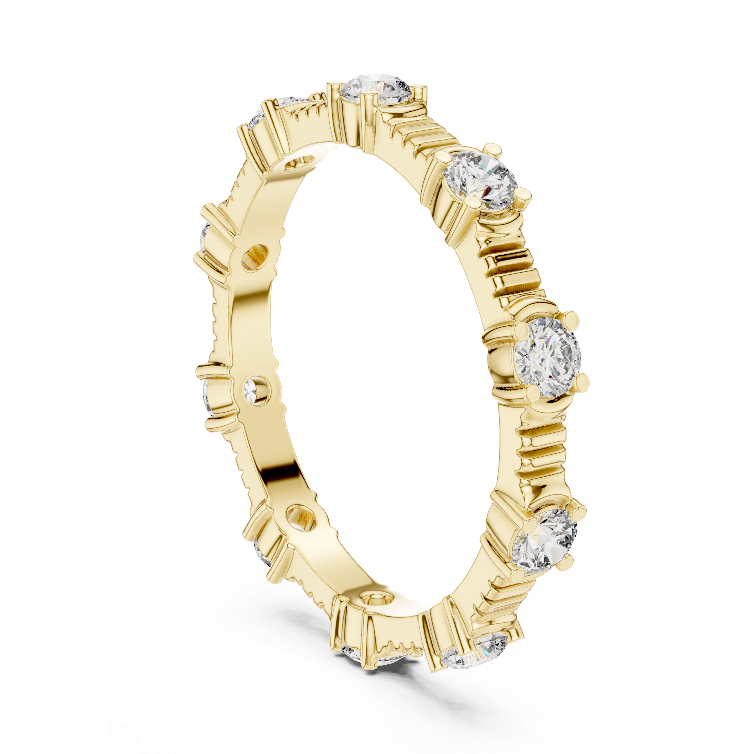 eternity band with round diamonds set in a unique prong design.