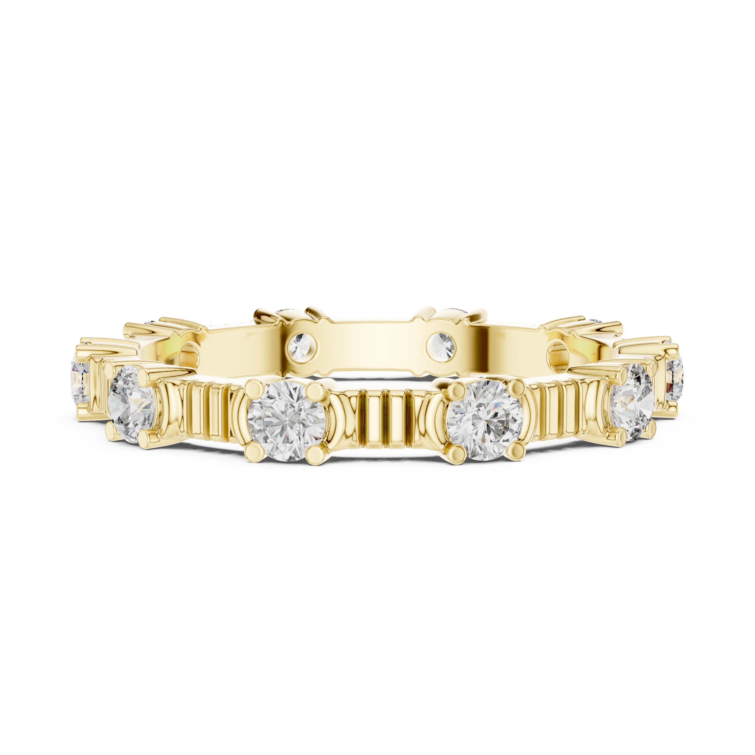 eternity band with round diamonds set in a unique prong design.