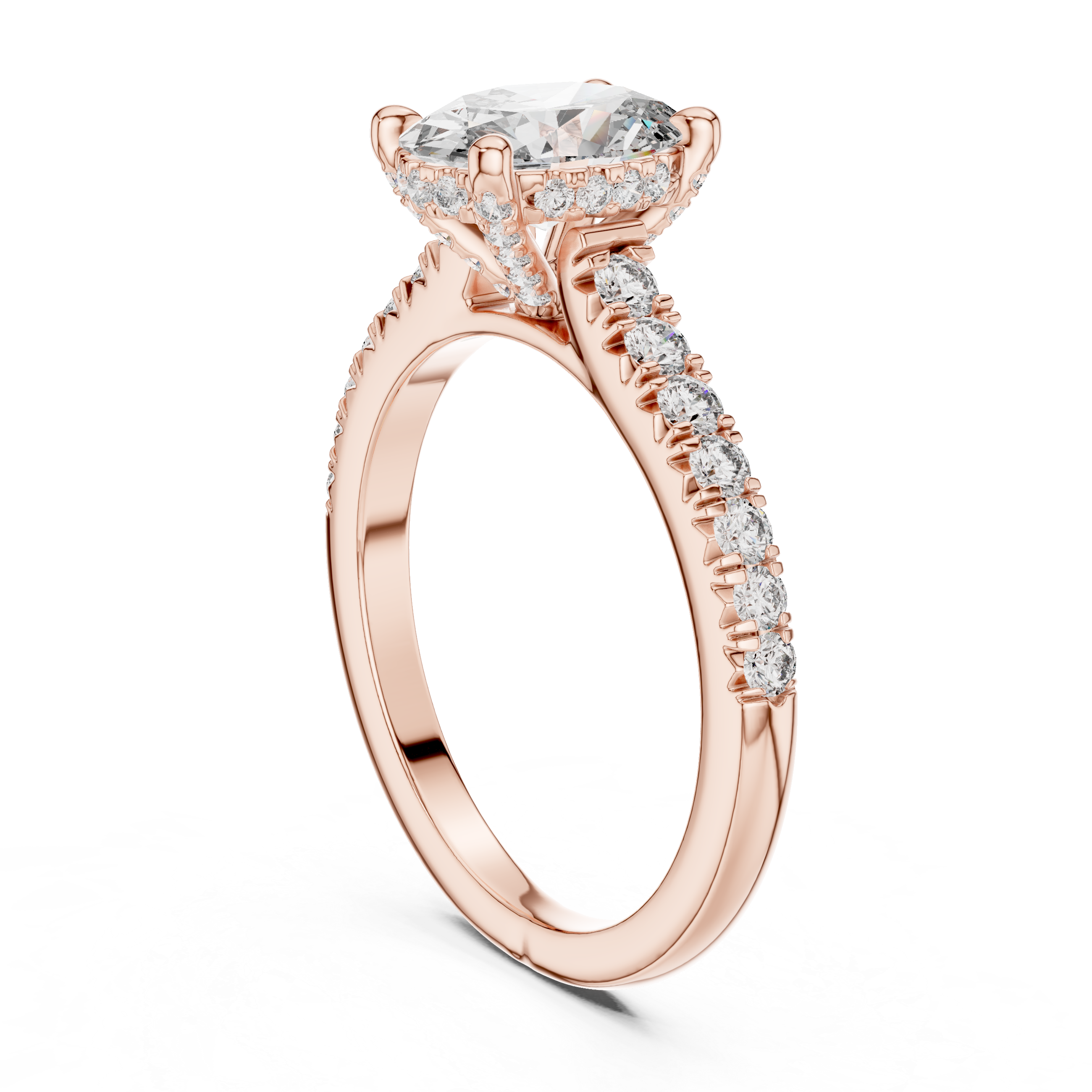 Solitaire Engagement Ring with Diamond-Studded Band and Halo Setting