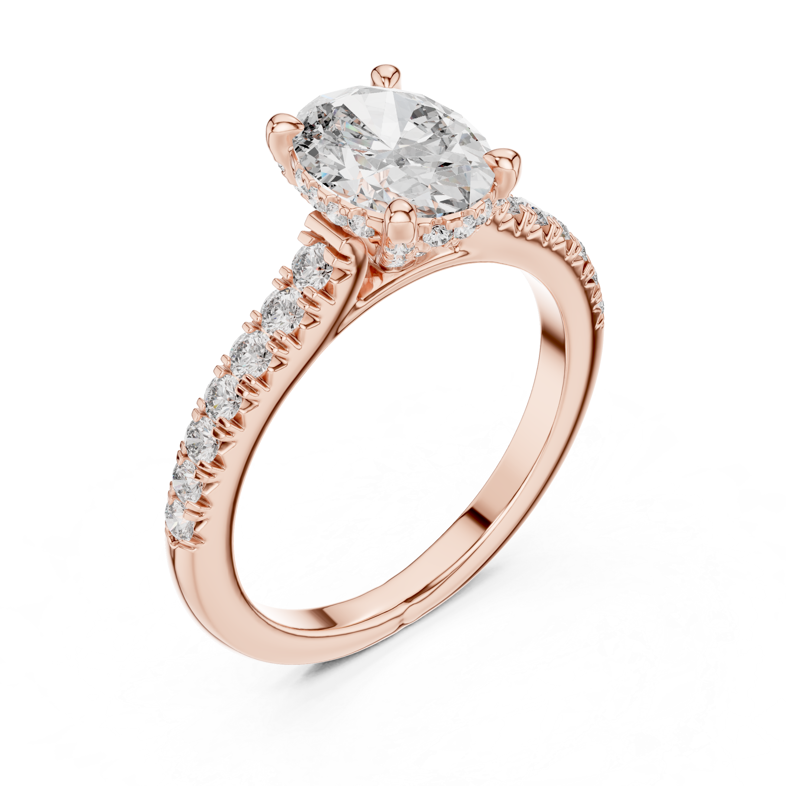 Solitaire Engagement Ring with Diamond-Studded Band and Halo Setting