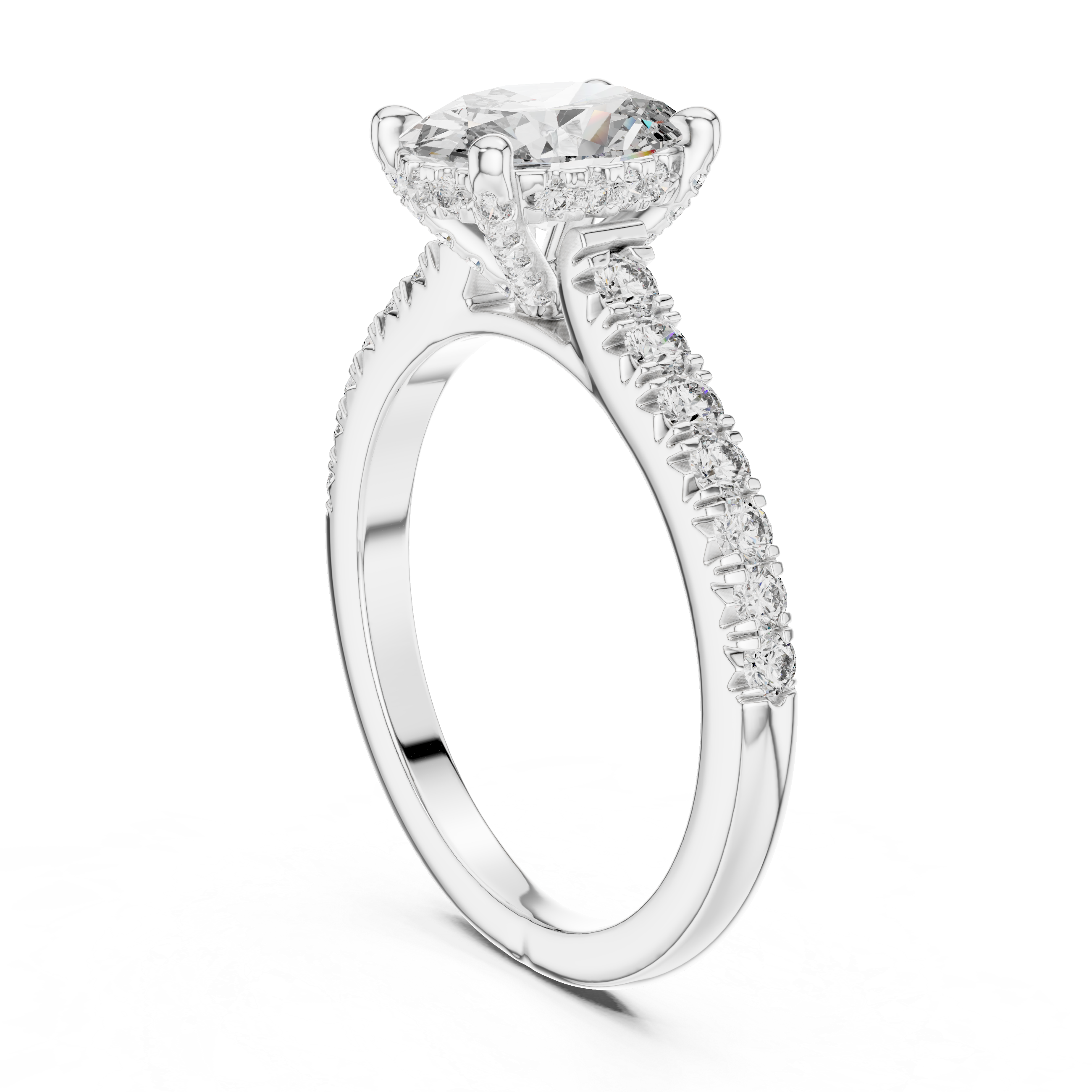 Solitaire Engagement Ring with Diamond-Studded Band and Halo Setting