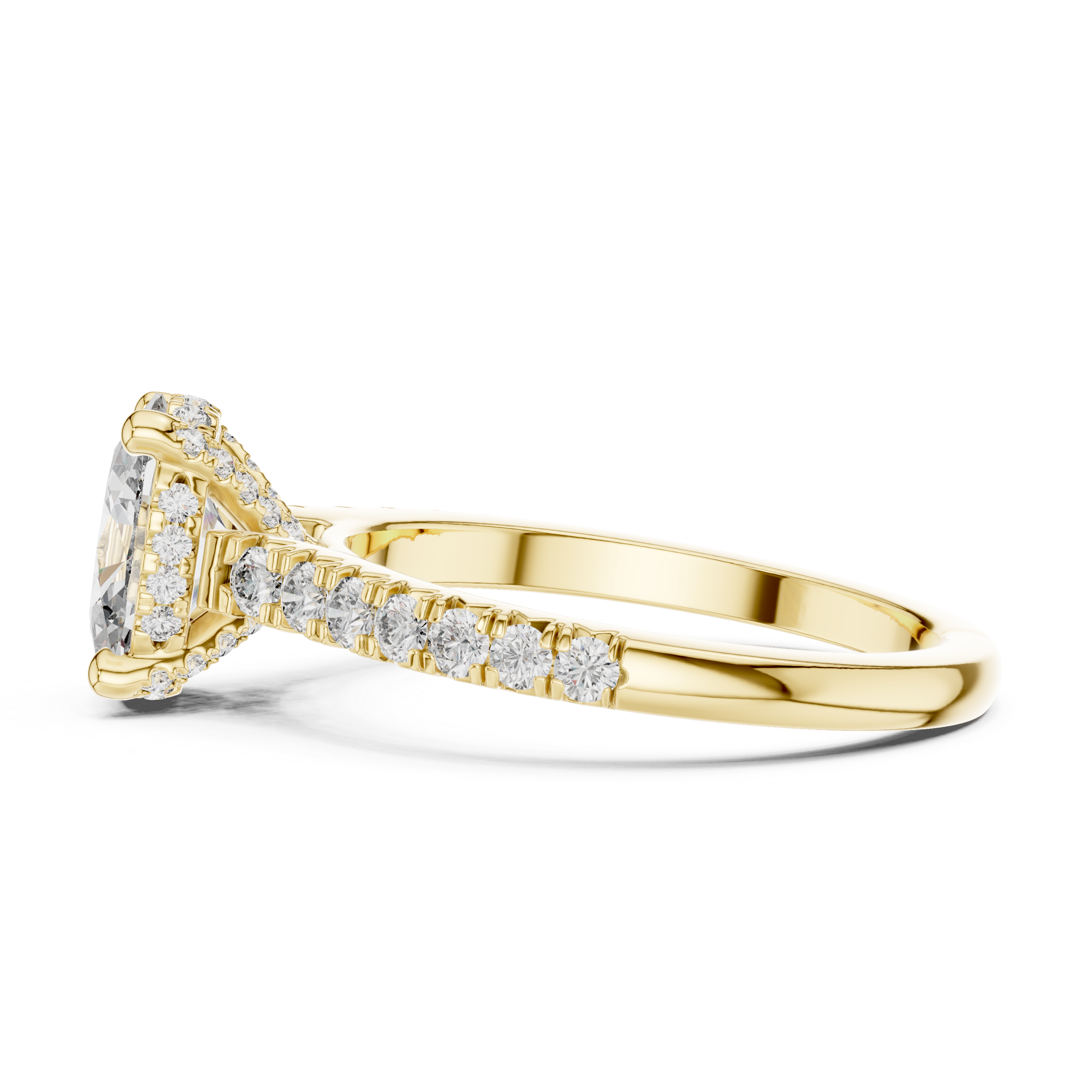 Solitaire Engagement Ring with Diamond-Studded Band and Halo Setting