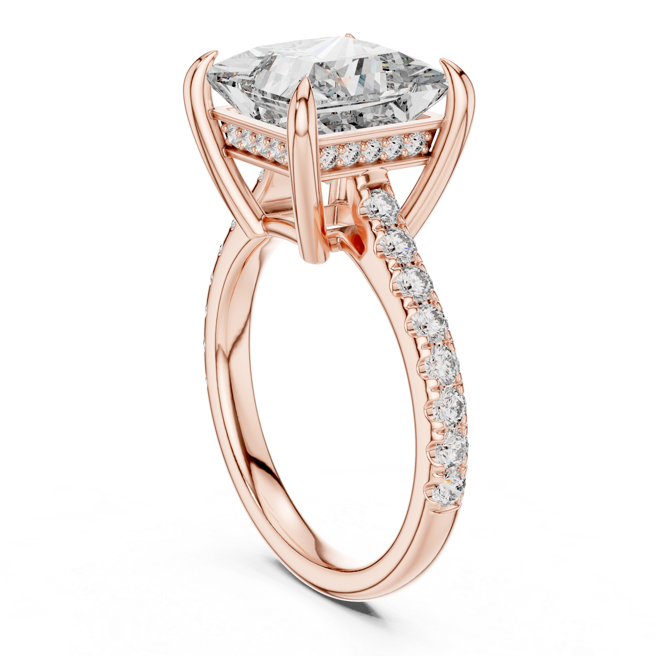 Cathedral Engagement Ring with Hidden Halo and Diamond Band