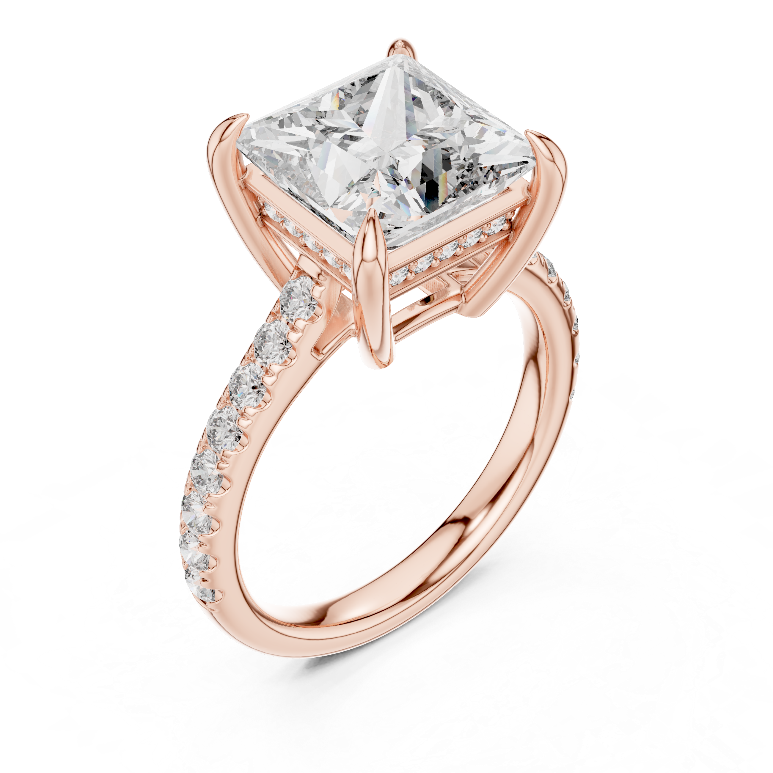 Cathedral Engagement Ring with Hidden Halo and Diamond Band