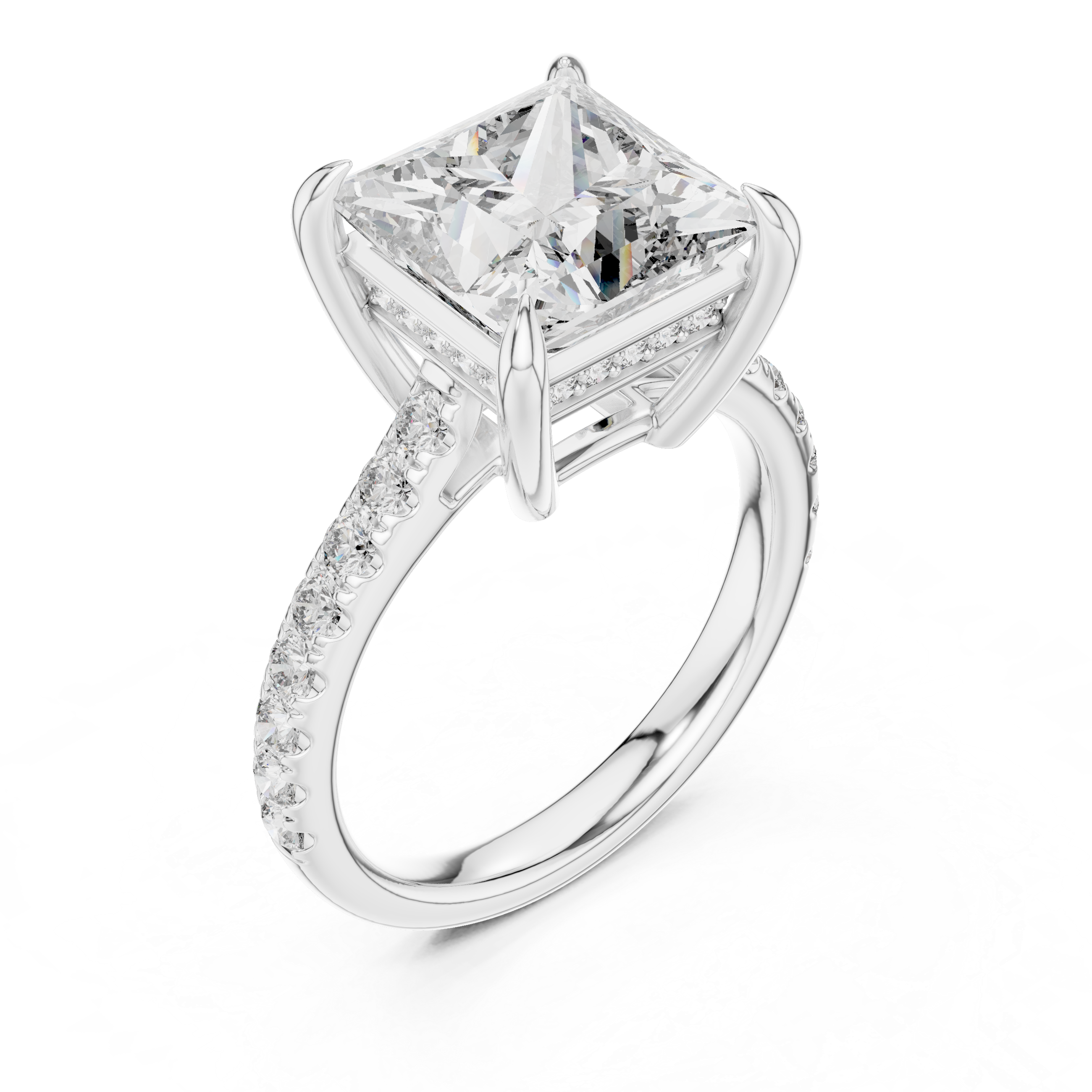 Cathedral Engagement Ring with Hidden Halo and Diamond Band