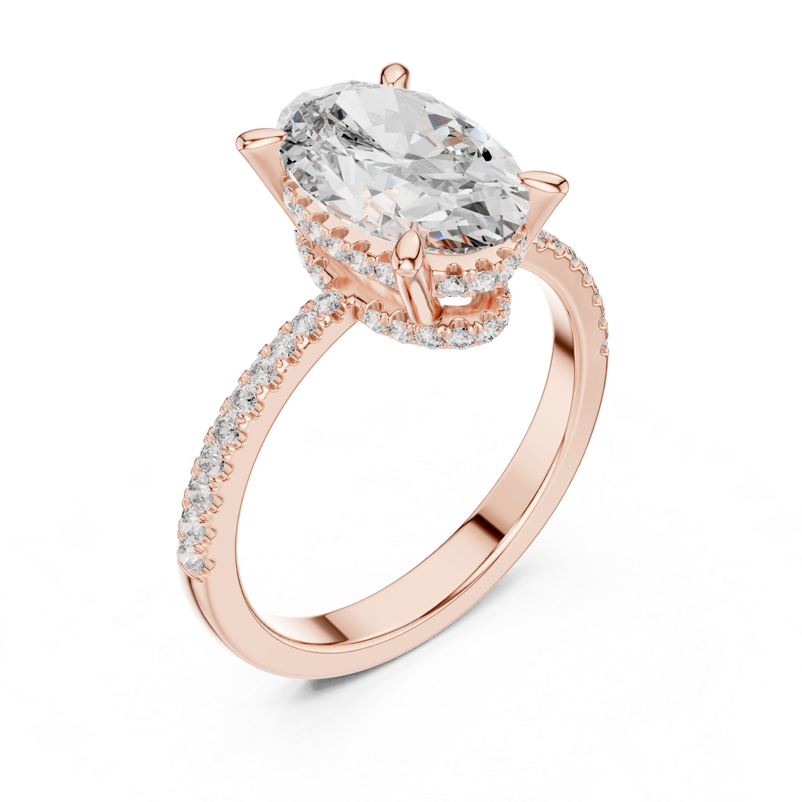 Double Halo Rose Gold Engagement Ring with Oval-Cut Center Diamond and Pav‚ Band