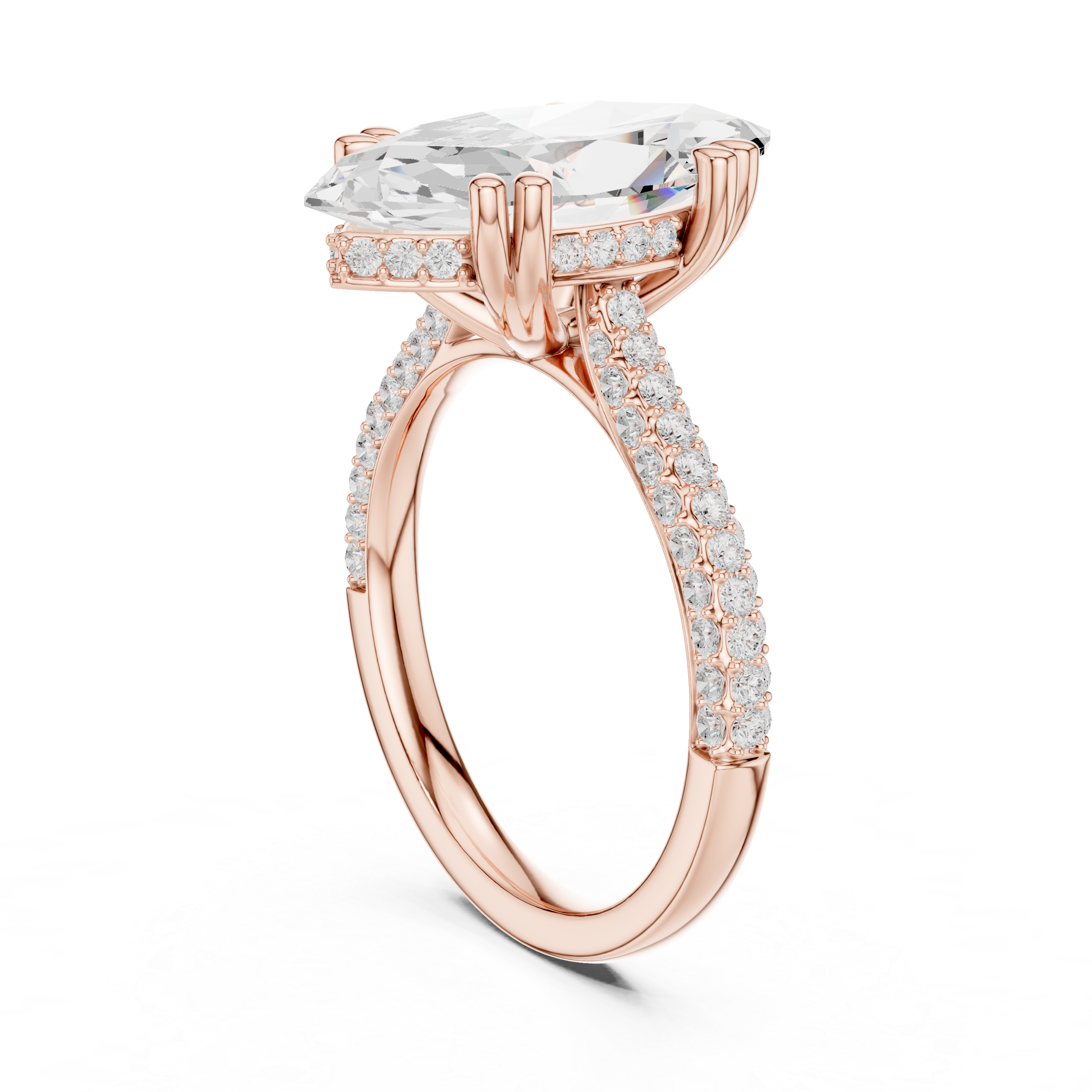 a large oval diamond and a wide pav‚ diamond band.