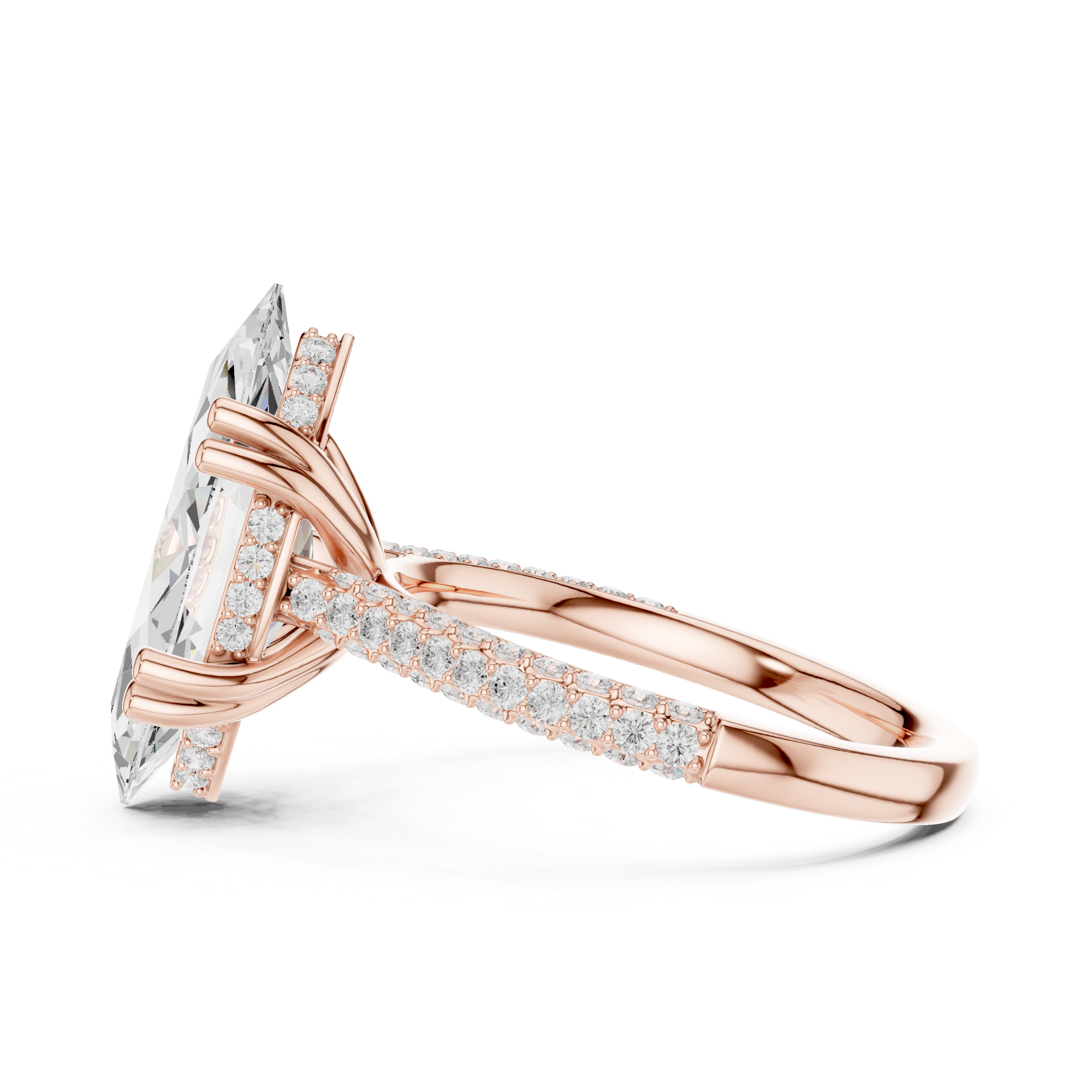 a large oval diamond and a wide pav‚ diamond band.
