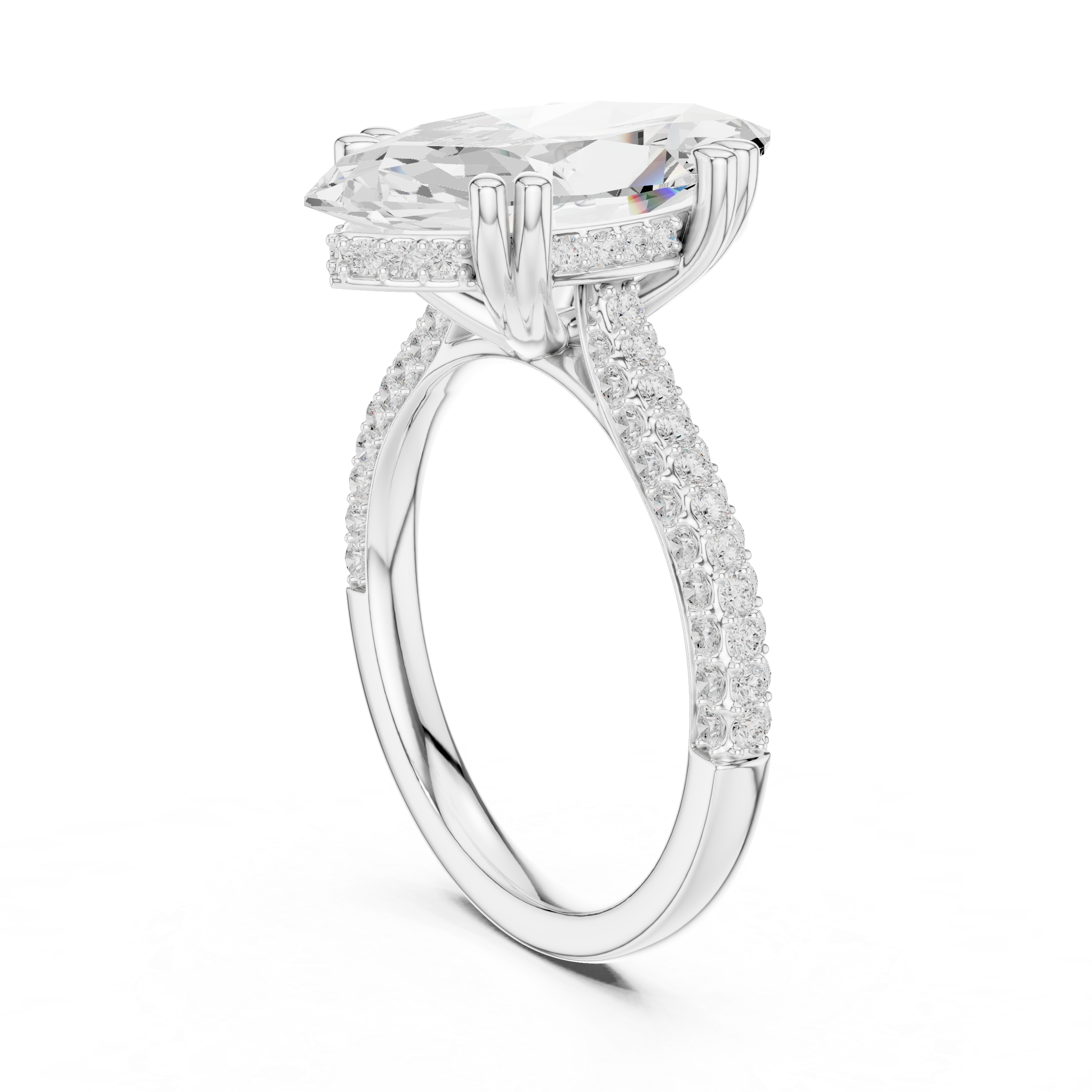 a large oval diamond and a wide pav‚ diamond band.