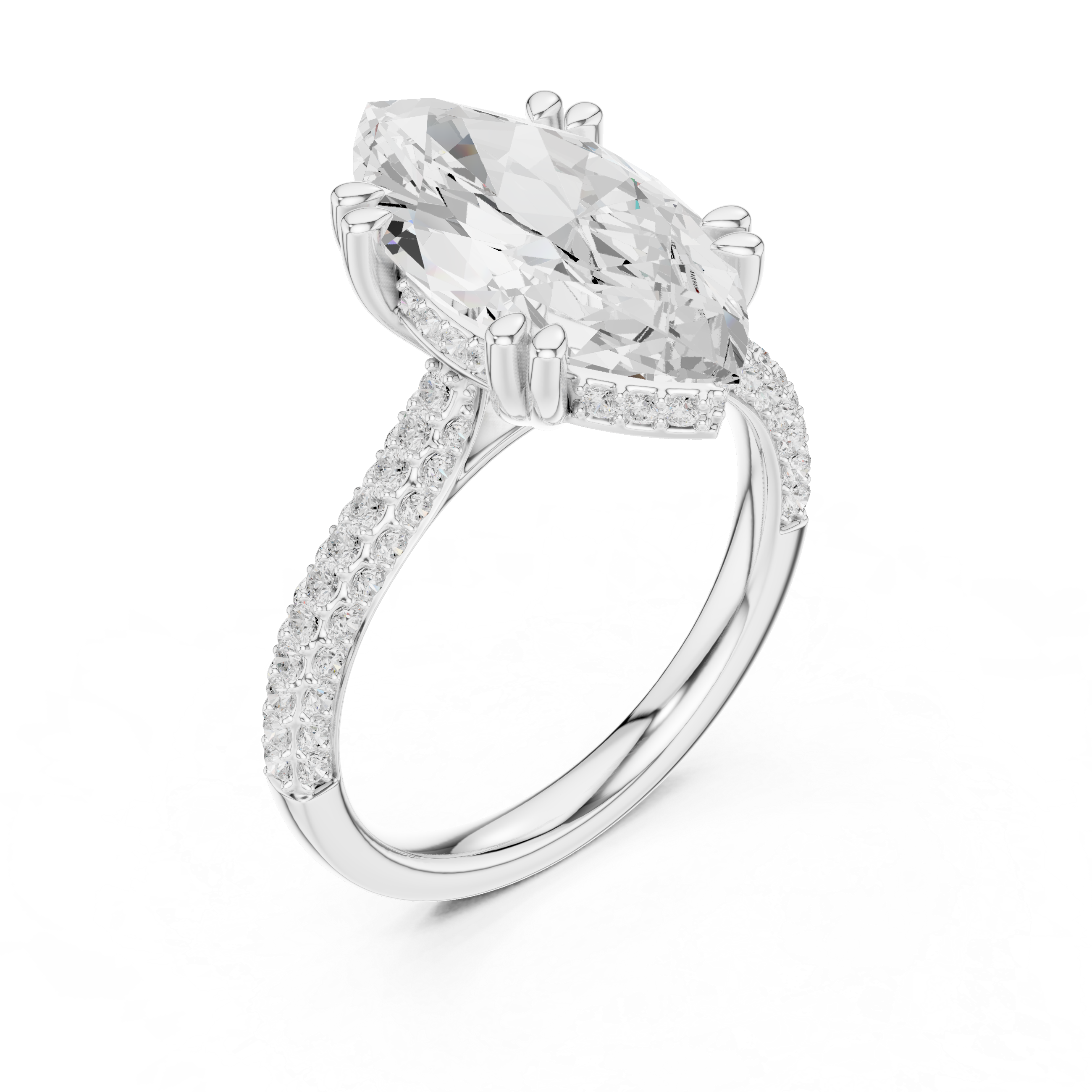 a large oval diamond and a wide pav‚ diamond band.