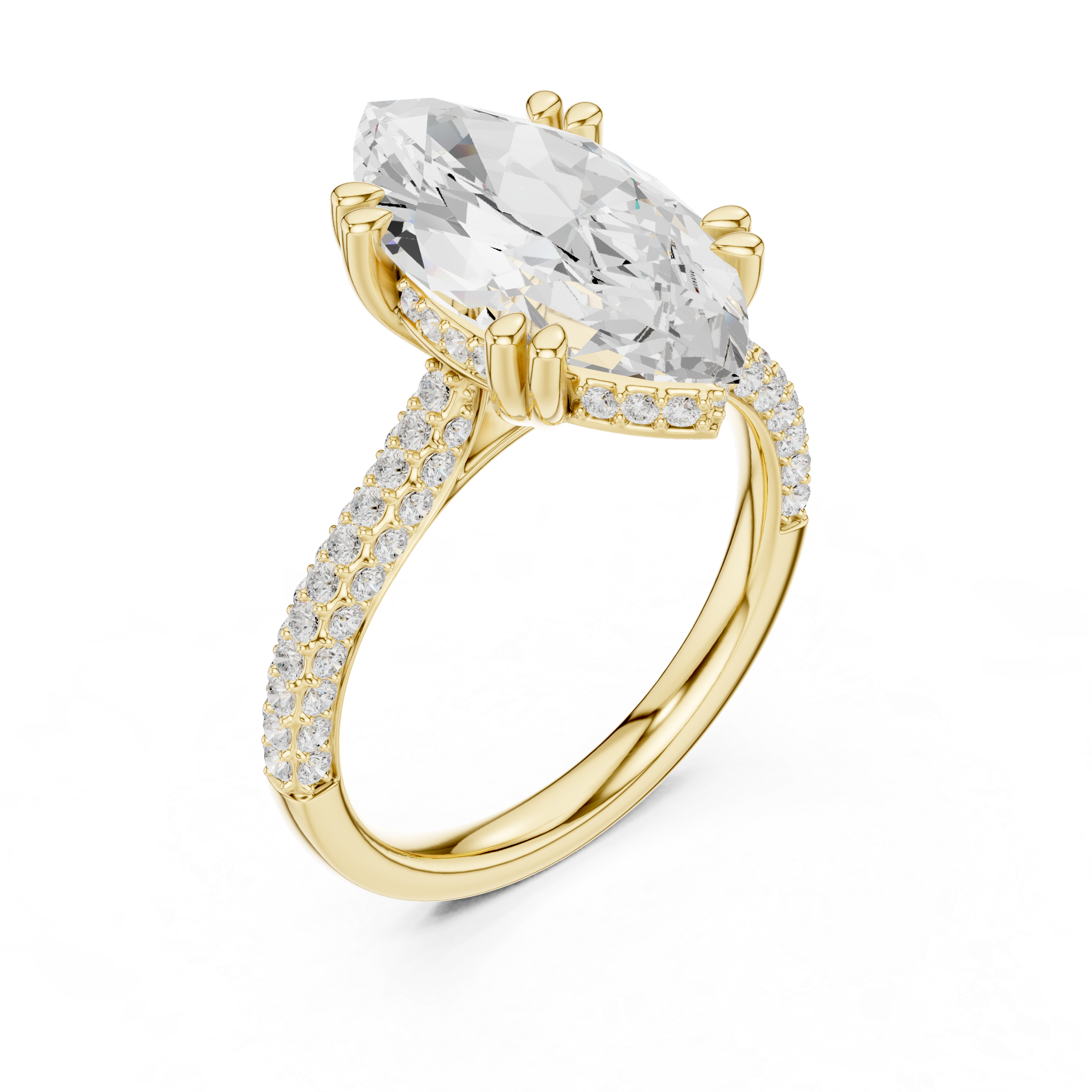 a large oval diamond and a wide pav‚ diamond band.