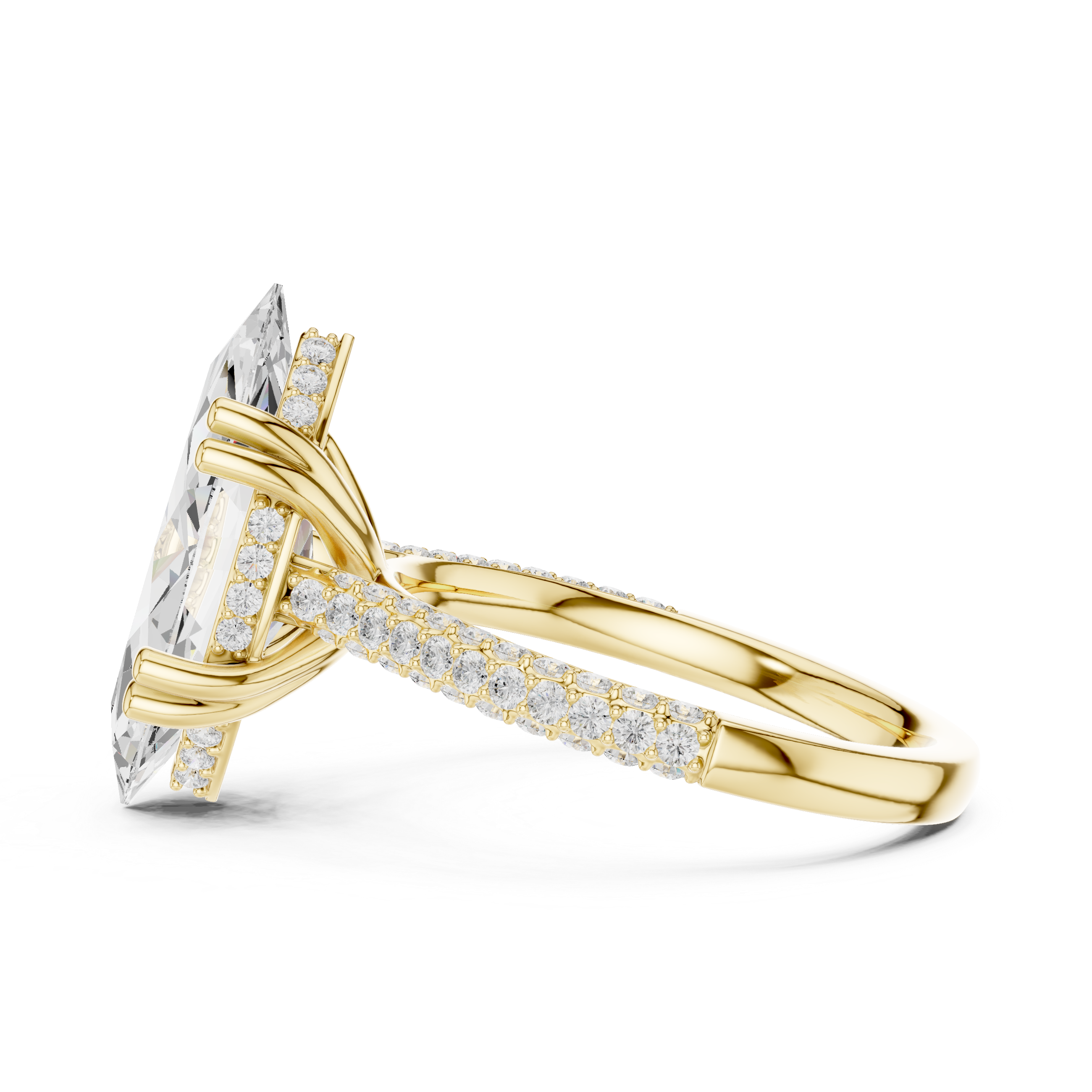 a large oval diamond and a wide pav‚ diamond band.